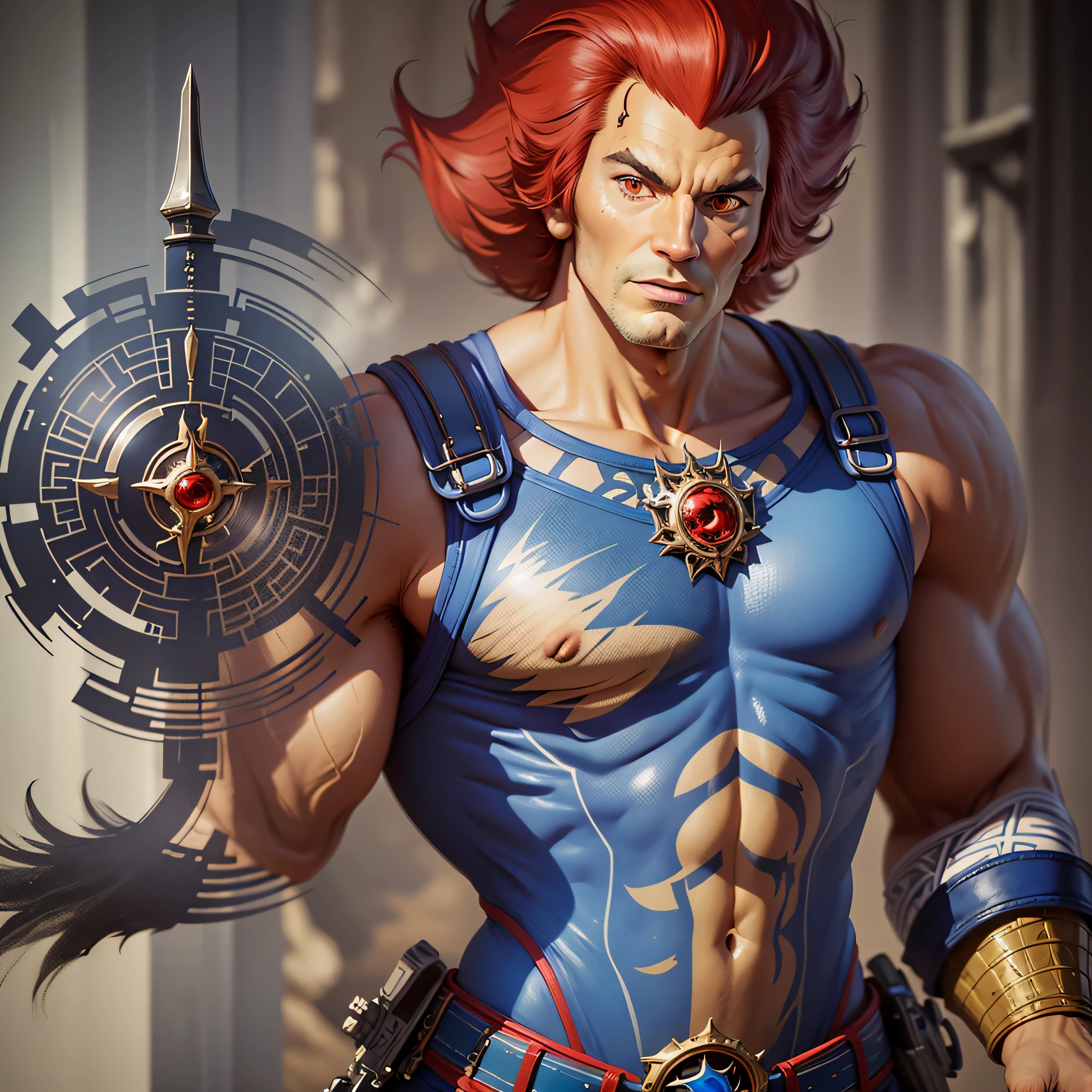 King lion-o, (best quality:1.13), (realistic:1.1), (detailed:1.15),(skin details), Dappled Light, (look at viewer), (skin texture), (realistic texture skin), cinematic light, side lighting, ultra high res, best shadow, lightroom, cinematic, (intricate:1.4), high quality, intricate details, low contrast, detailed, lion-oQuiron character, 1boy with Lion features, red hair, sword, rampage, blue outfit, photo-realistic, octane render, unreal engine, ultra-realistic, super photo-realistic