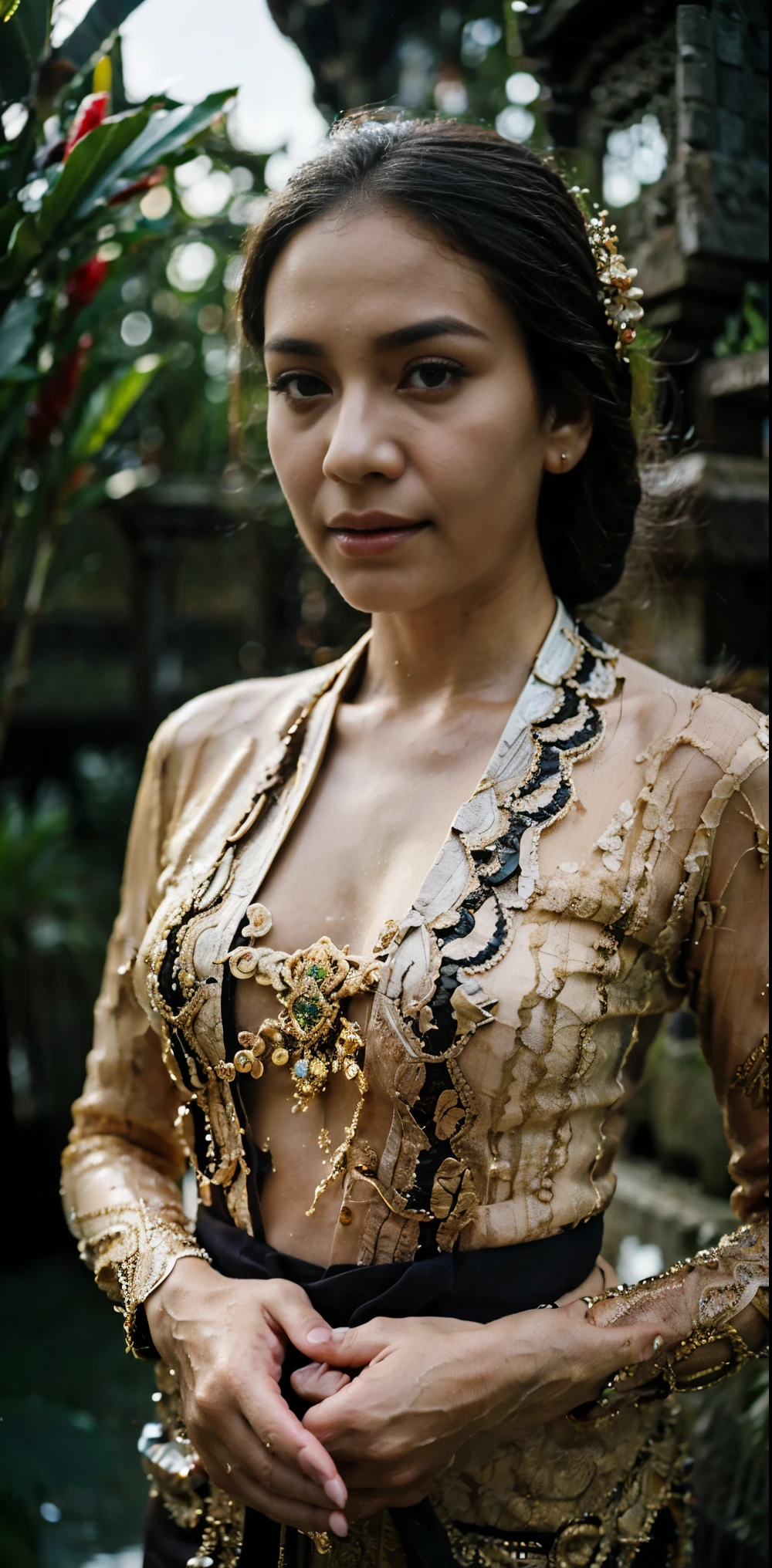 masterpiece, ultra realistic, 32k,intricate details, sharp focus, realistic, closed, seductive pose, black eyes, jewelr, lips, realistic, wet skin, shiny skin, long sleeves, indonesian clothes, bali, balinese, cityscape,