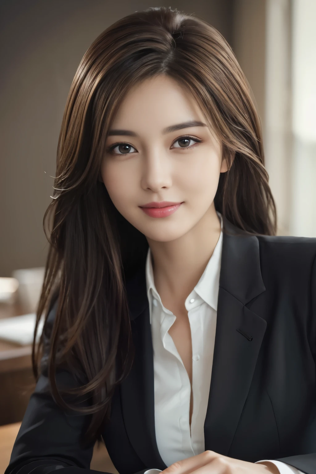 table top, highest quality, realistic, Super detailed, finely, High resolution, 8k wallpaper, 1 beautiful woman,, light brown messy hair, wearing a business suit, sharp focus, perfect dynamic composition, beautiful and detailed eyes, thin hair, Detailed realistic skin texture, smile, close-up portrait, model body shape