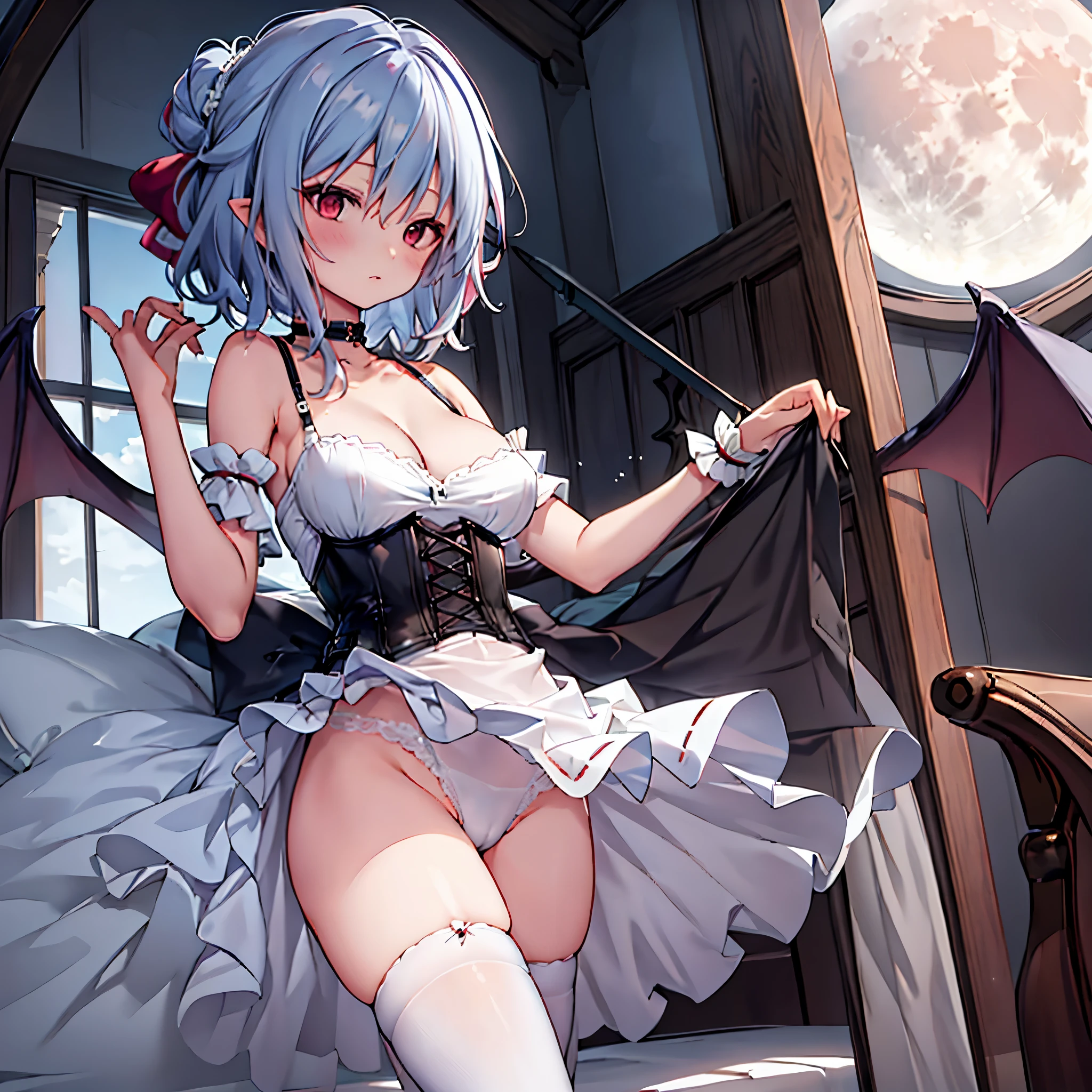 (Remilia toho character), (solo:1.5), skinny, (solo standing on the deck of mansion), a full moon, midnight, BREAK, short hair, collarbone, (emphasize small very perky breasts:1.3), (emphasize cleavage:1.2), (inconceivably thin narrow waist:1.3), (very short thin torso:1.2), very long (thin legs), emphasize thigh gap, BREAK, (very short sheer white dress squeeze breasts:1.2), (dress lift breasts up:1.2), (inconceivably wiry narrow brown corset cinches waist too tight:1.5), (frilled too short white miniskirt), (light blue thighhighs), BREAK, nose blush