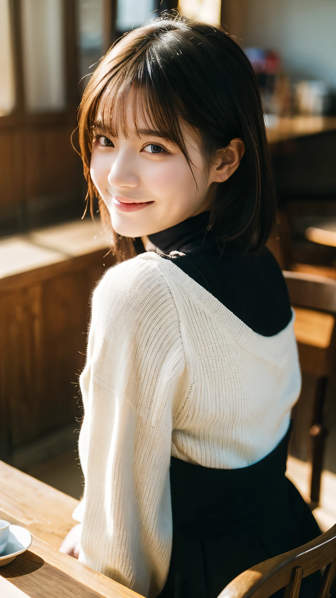 (highest quality,masterpiece:1.3,ultra high resolution),(Super detailed,caustics,8k),(photorealistic:1.4,RAW shooting),Cafe,counter seat,Chair,Coffee cup,20-year-old,cute,1 girl,black short hair,turtleneck sweater,big ,long skirt,look at the camera with a smile,Chairに座る,side shot,Landscape,bust up shot,soft light,professional writing,face focus,face close up