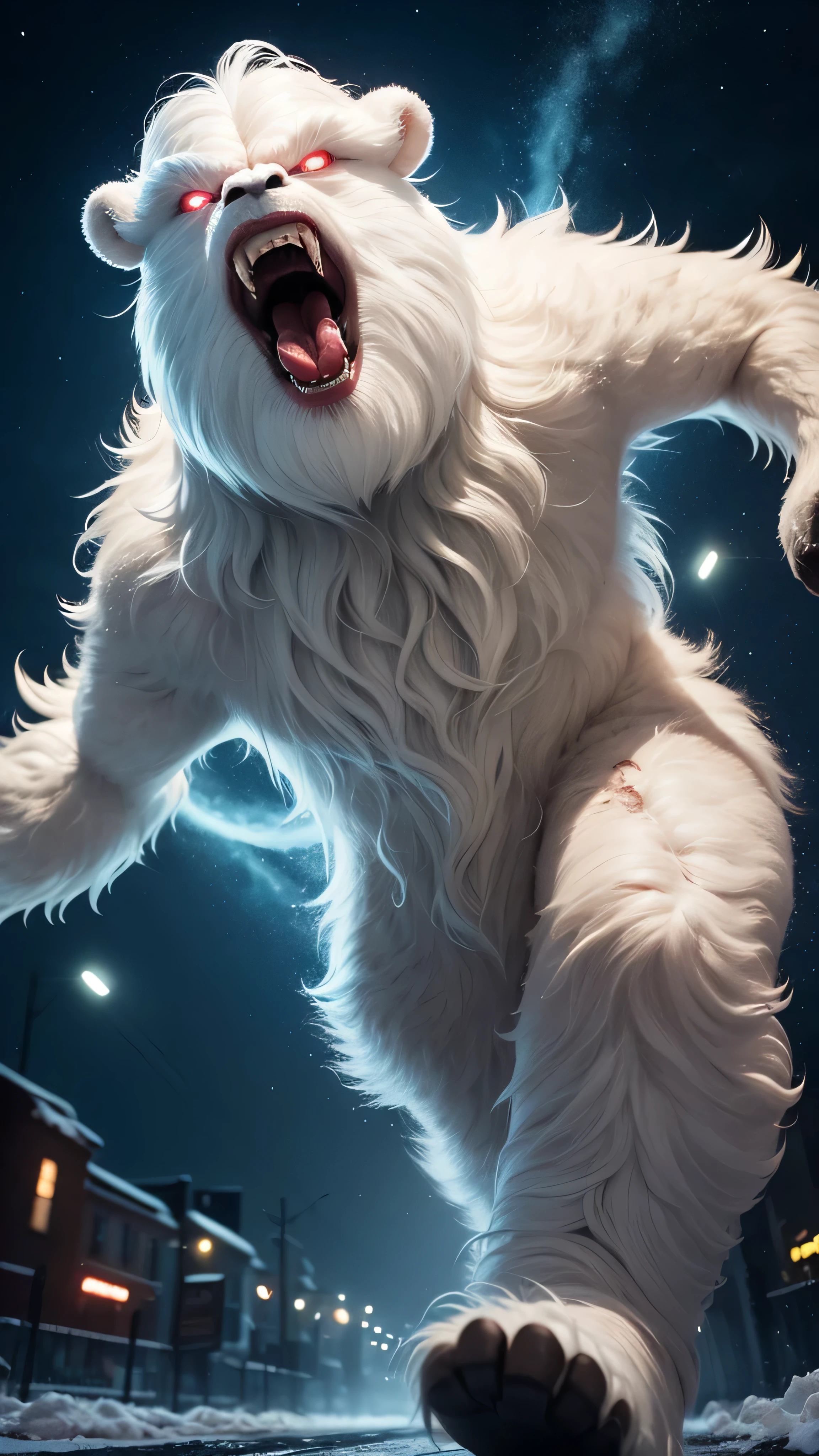 huge angry vicious wampa, teeth and tongue, dynamic running pose, hungry, photorealistic, fujifilm, glowing eyes