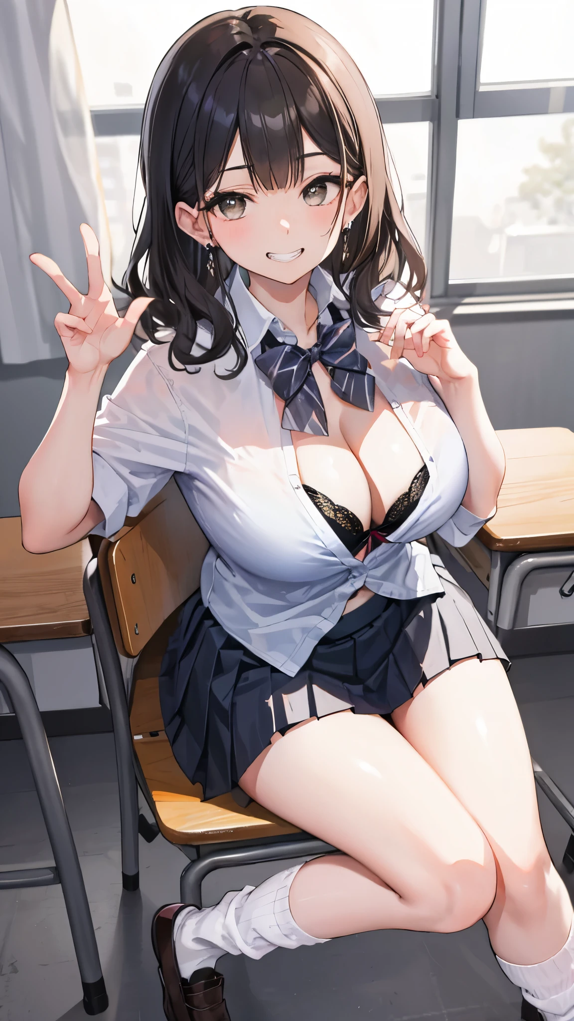 (8K、Highest image quality、highest quality、masterpiece)、detailed face、1 girl、gyaru、brown hair、medium hair、、blunt bangs、wavy hair、gray eyes、evil smile、((grin))、earrings、((big breasts))、((white shirt))、((open clothes))、cleavage、((black pleated skirt))、((miniskirt))、white socks、loafers、sit at desk、classroom background