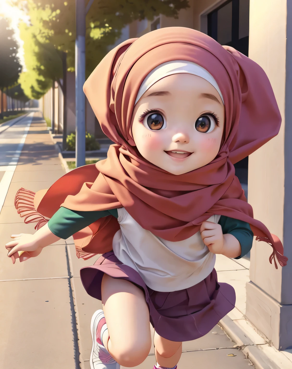full body pose (best quality,1girl,baby face,smile,cute,carry wearing hijab running to school),illustration,realistic colors,soft lighting