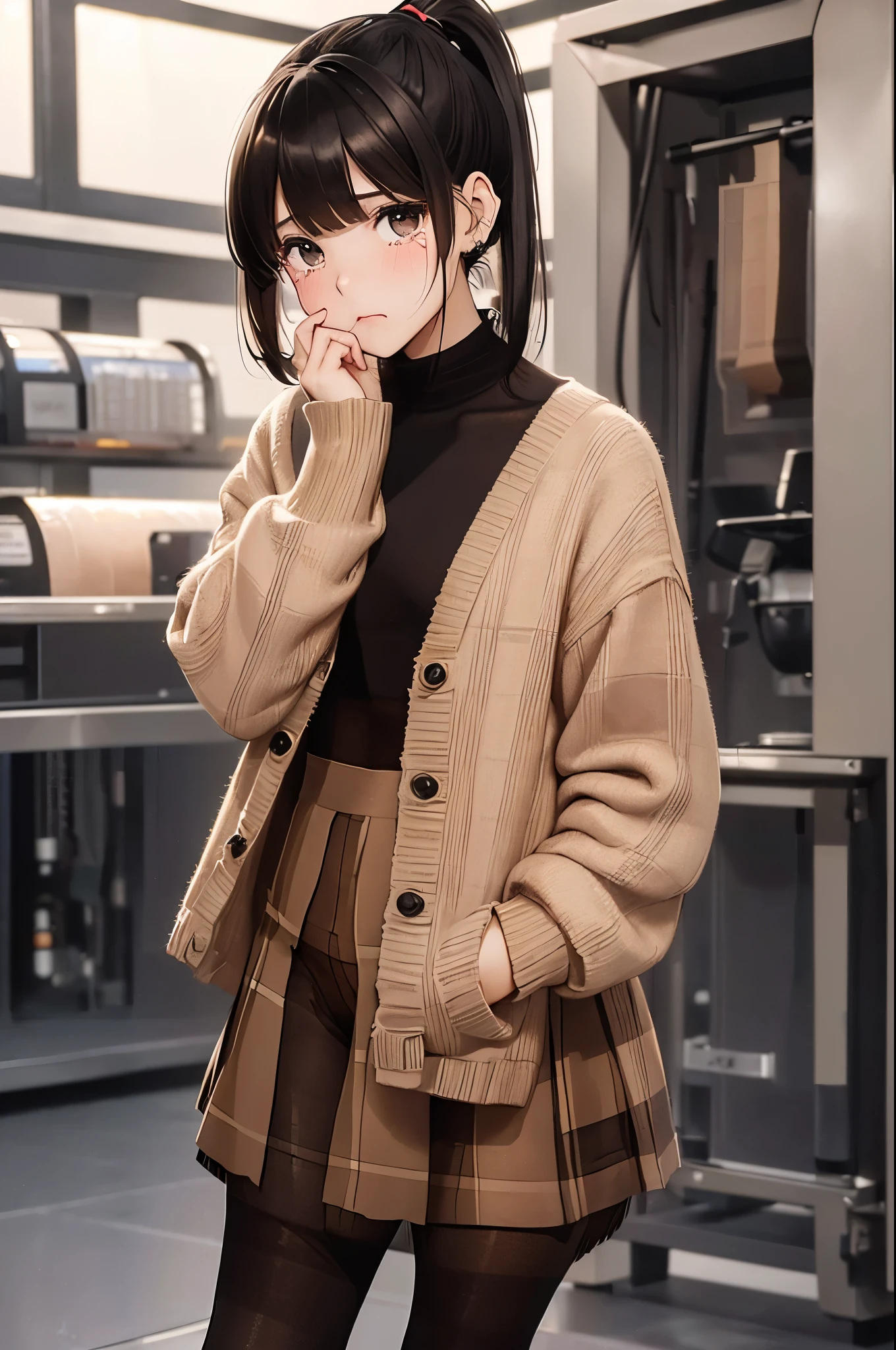 1 girl、1 person、small face,20-year-old、 (tears) 、cry、Beige sweater、((plaid skirt)) 、((black pantyhose:1.5)) , (princess cut), (bob cut)、(medium hair)、(ponytail:1.5) 、reddish brown hair 、sad expression、 ((no background:1.5)),(standing pose)