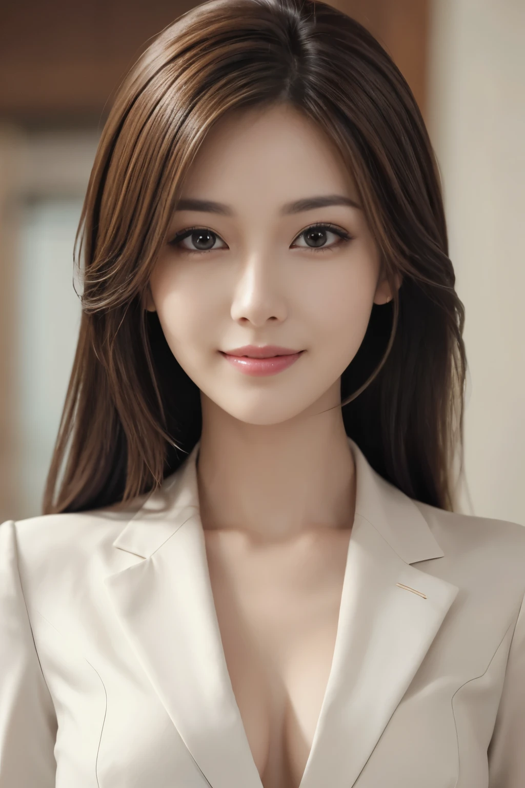 table top, highest quality, realistic, Super detailed, finely, High resolution, 8k wallpaper, 1 beautiful woman,, light brown messy hair, wearing a business suit, sharp focus, perfect dynamic composition, beautiful and detailed eyes, thin hair, Detailed realistic skin texture, smile, close-up portrait, model body shape
