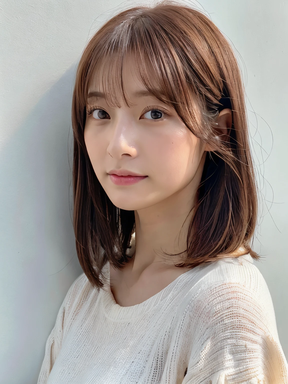 (Highly realistic photos, High resolution, detailed face, fine eyes), ((Taken in front of a white wall))、japanese woman, 40 years old, various expressions, alone:1, slim figure, different hairstyles, casual clothes, Only one person appears in the photo、long sleeve dress、Photographed in natural light、simple necklace、spring clothes、don&#39;t look at the camera、profile、pink brown hair color、bob hair