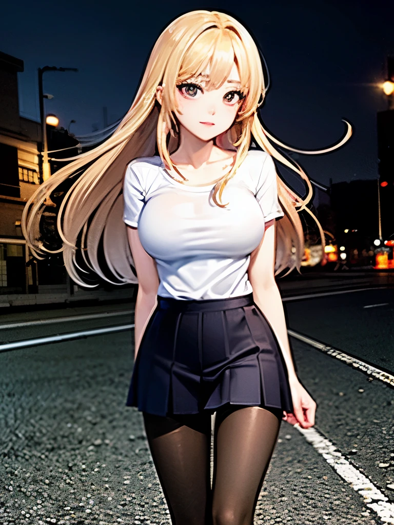 (Masterpiece:1.3, Best Quality:1.1, High Quality:1.2, 32k CG unity wallpaper png, High resolution:1.2, professional drawings:1.1, best drawings:1.1), 8k details drawings:1.1, hyper detail:1.2, intricate_details:1.2, extremely detailed CG unity 64k Ultra QD_OLED, (1girl), (beautiful face), long legs, perfect face, detailed face, perfect body, (blonde hair, slightly long hair, red eyes, slender), (medium breast:1.0), (night), (wind blow, hair fluttering in the wind), (white shirt, black pleated skirt), (black_pantyhose:1.1), street, squatting, full body, (arrogant face), (view from front),