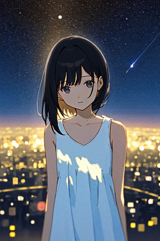 1 👧➕🙂, upper body, Eye's➕🌌, looking at viewer, Fine and straight hair, The background can be seen between the fine hair, thin line, collarbone, Plain white dress, sleeveless, Simple clothes without decoration, Delicately detailed and delicately drawn, Roughly drawn lines, Roughly painted colors, (🌃:1.2), Roughly simplified and drawn background, Bokeh, Blurred Backgrounds, depth of field, Aerial perspective,