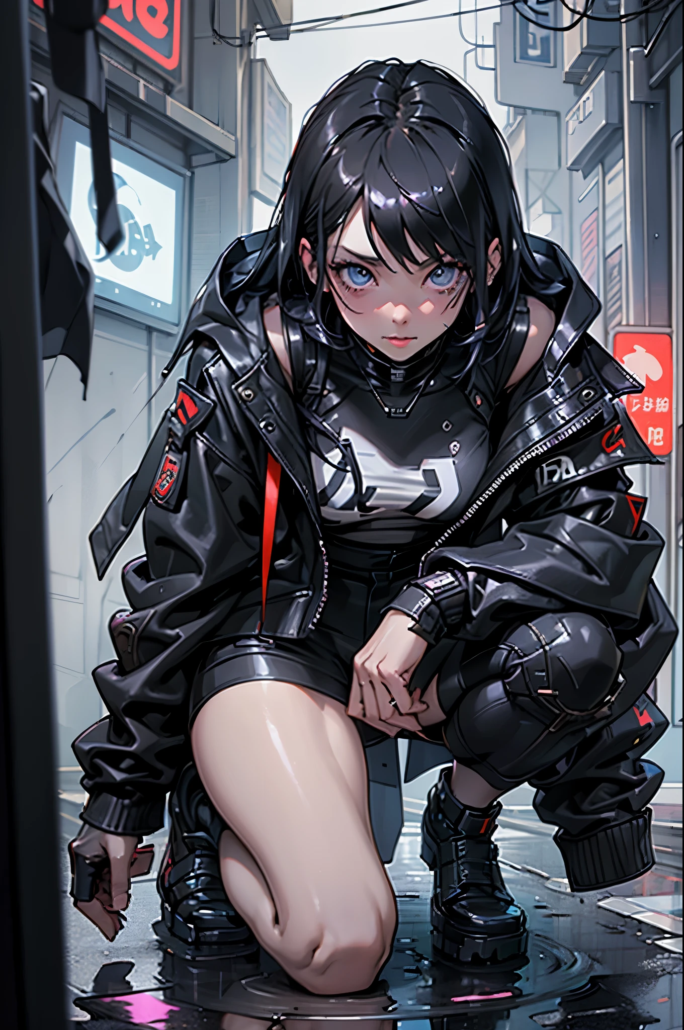 Full body Esbian、cute eyes、parts of a well-groomed face、black mask+ベロアウト付きのblack mask、(highest quality、8K resolution、masterpiece:1.3)、Focus Section: 1.2、delicate and beautiful body 1.4、is 1.2、golden short hair 1.2、chest 1.2、wet clothes 1.1、rain、street 1.3、bando dress 1.1、High definition skin texture、narrow eyes、double eyelid、Whitening skin、Shutdown 1.3、black leather jacket and black leather shorts、boots、white loose socks、female cyberpunk、Cyberpunk 20 year old model girl、夢のようなcyberpunk girl、Digital cyberpunk art、cyberpunk、パーカーを着たcyberpunk girl、cyberpunk beautiful girl、cyberpunk girl、cyberpunk art、Clear light blue eyes、Cleans the whites of your eyes。