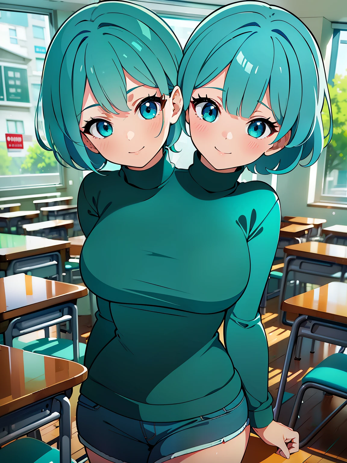 (masterpiece),(ultra-detailed), (high quality), (high resolution), (best quality:1.5, highres, UHD), highres, absurdo, ultra detail, ultra quality, Ultra resolution, 16k, (2heads:1.5), teal hair, turquoise eyes, casual wear, turquoise turtleneck, strong and confident expressions, kindergarten classroom, smiling 