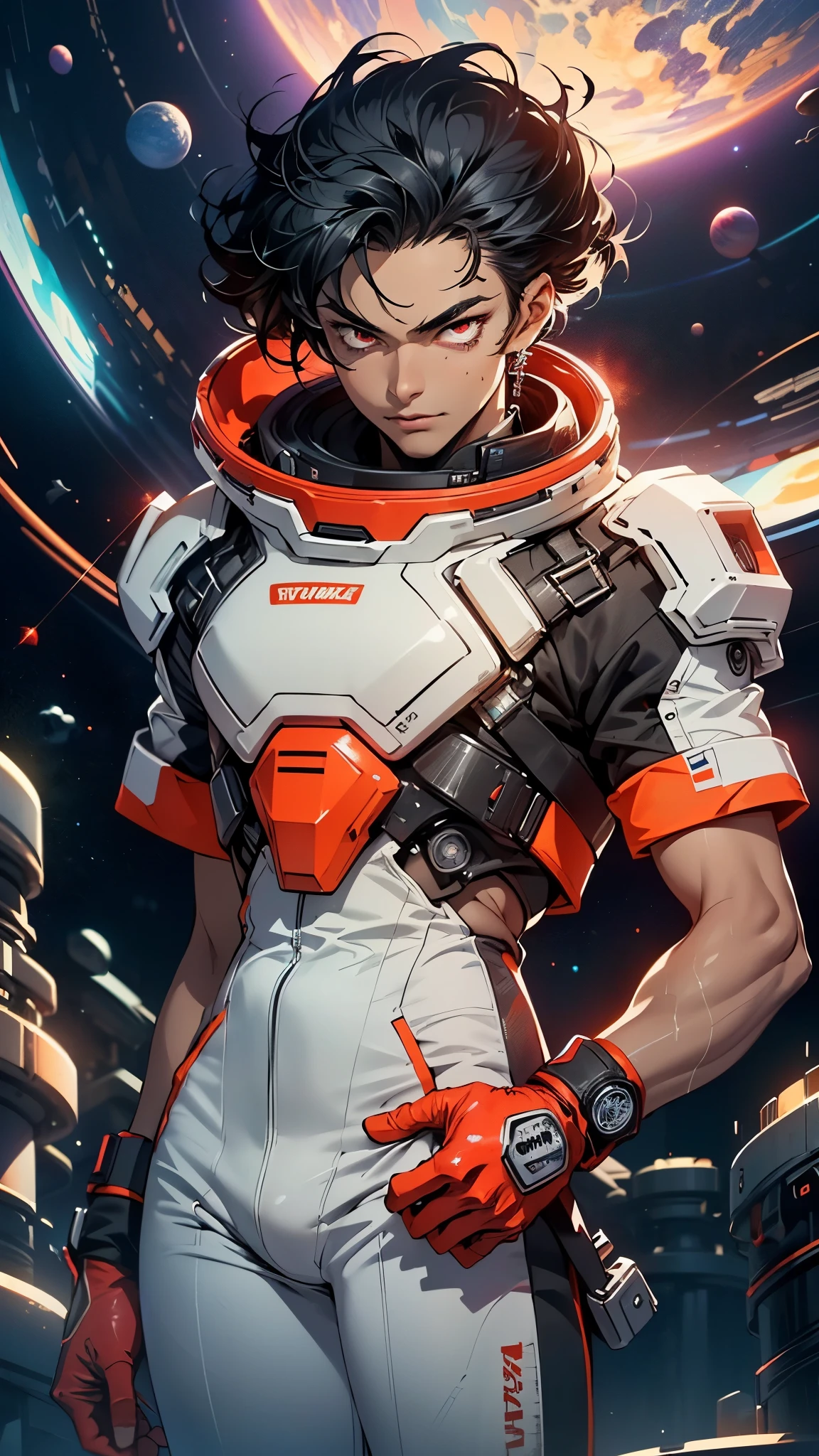 (man:1.5),1 man,space adventure man,(((1man))),
(((1male,man:1.5,handsome man,male,male gender:1.5,male focus))),macho man,
((large black hair,disheveled hair,black hair,slicked hair)),(((lustrous skin:1.5,tanned skin,bright skin: 1.5,skin tanned,shiny skin,very shiny skin,shiny body,illuminated skin))),(((red_eyes:1.2))),intricate eyes,beautiful detailed eyes,symmetrical eyes,man chest,handsome face,((muscular,muscular man)),(((detailed face))),
alluring look,nsfw,
space suit pants,((bulge in pants)),((space suit outfit, red space suit,short sleeve spacesuit)),(wearing a space suit outfit:1.3,space suit clothes),((wet clothes,intricate outfit,intricate clothes)),
(dynamic pose:1.0),solo focus,((evil smile,evil look)),(centered,scale to fit dimensions,Rule of thirds),
cyberpunk city by the ocean at night, with bright neon signs and dark stormy clouds and puddles, scenery:1.25,nighttime, starry night, cosmos,Very dark night that makes the neon lights stand out, very bright neon lights,nighttime, starry night, cosmos,
artistic photography,(photography taken by sldr),highres, sharp focus,(ultra detailed, extremely detailed), (photorealistic artwork:1.37),(extremely detailed CG unity 8k wallpaper),((synthwave background theme)),(((vibrant colors))),intricate,(intricate background),(masterpiece),(best quality),photo realistic,analog style,((intricate detail)),(((realism))),