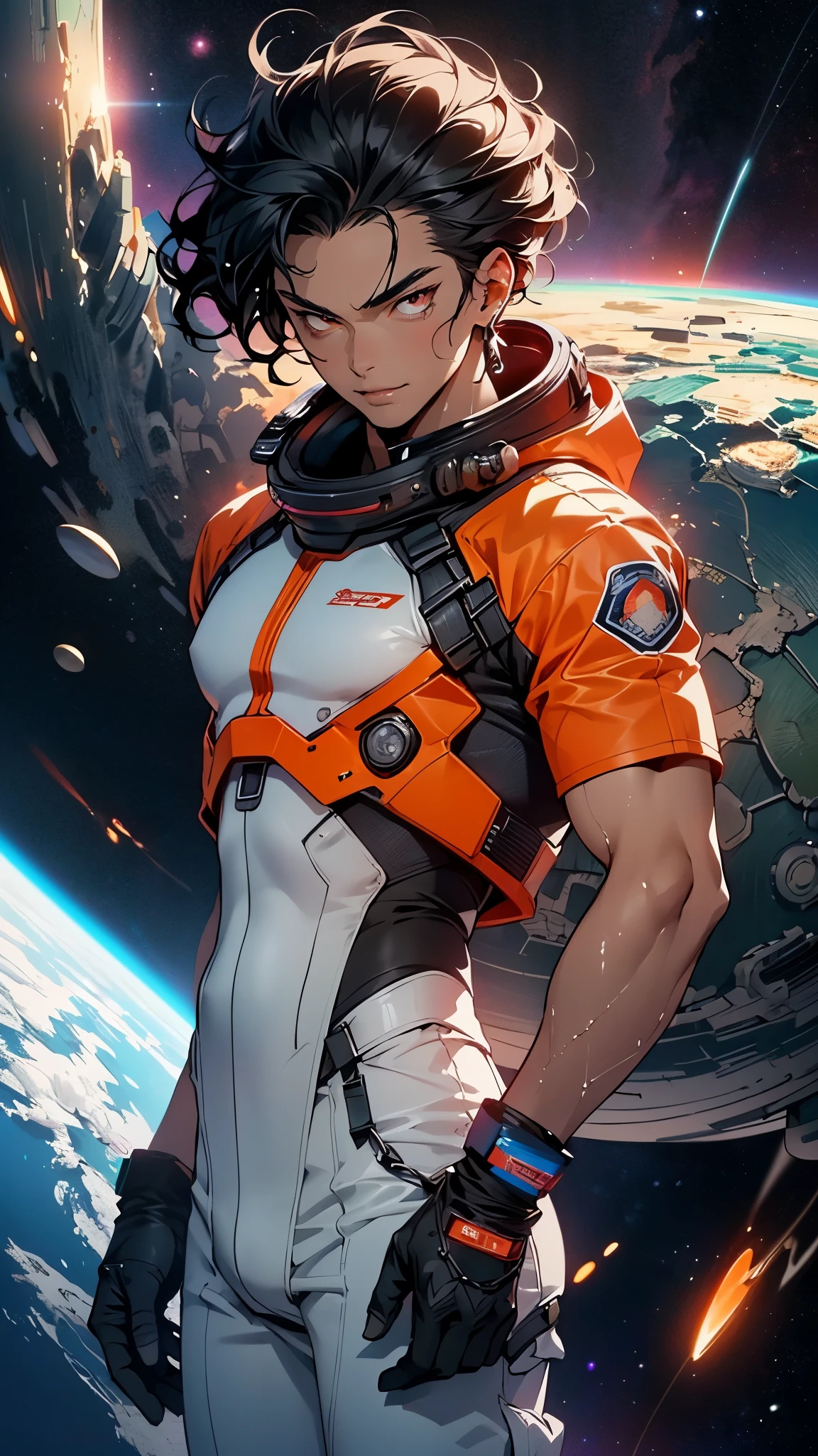 (man:1.5),1 man,space adventure man,(((1man))),

(((1male,man:1.5,handsome man,male,male gender:1.5,male focus))),macho man,

((large black hair,disheveled hair,black hair,slicked hair)),(((lustrous skin:1.5,tanned skin,bright skin: 1.5,skin tanned,shiny skin,very shiny skin,shiny body,illuminated skin))),(((red_eyes:1.2))),intricate eyes,beautiful detailed eyes,symmetrical eyes,man chest,handsome face,((muscular,muscular man)),(((detailed face))),

alluring look,nsfw,

space suit pants,((bulge in pants)),((space suit outfit, red space suit,short sleeve spacesuit)),(wearing a space suit outfit:1.3,space suit clothes),((wet clothes,intricate outfit,intricate clothes)),

(dynamic pose:1.0),solo focus,((evil smile,evil look)),(centered,scale to fit dimensions,Rule of thirds),

cyberpunk city by the ocean at night, with bright neon signs and dark stormy clouds and puddles, scenery:1.25,nighttime, starry night, cosmos,Very dark night that makes the neon lights stand out, very bright neon lights,nighttime, starry night, cosmos,

artistic photography,(photography taken by sldr),highres, sharp focus,(ultra detailed, extremely detailed), (photorealistic artwork:1.37),(extremely detailed CG unity 8k wallpaper),((synthwave background theme)),(((vibrant colors))),intricate,(intricate background),(masterpiece),(best quality),photo realistic,analog style,((intricate detail)),(((realism))),
