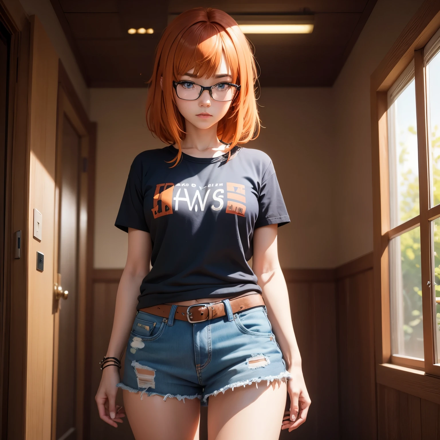 8k, masterpiece, best quality, realistic, higly detailed, cowboy shot, 1girl, solo, Itsuki Nakano, serious looking girl, medium-length hair, expressive ahoge, reddish-orange hair colour, a pair of star-shaped hairpins near both of her eyes, dark blue eyes, average height, well-endowed figure, wears glasses, cute, Life is Strange