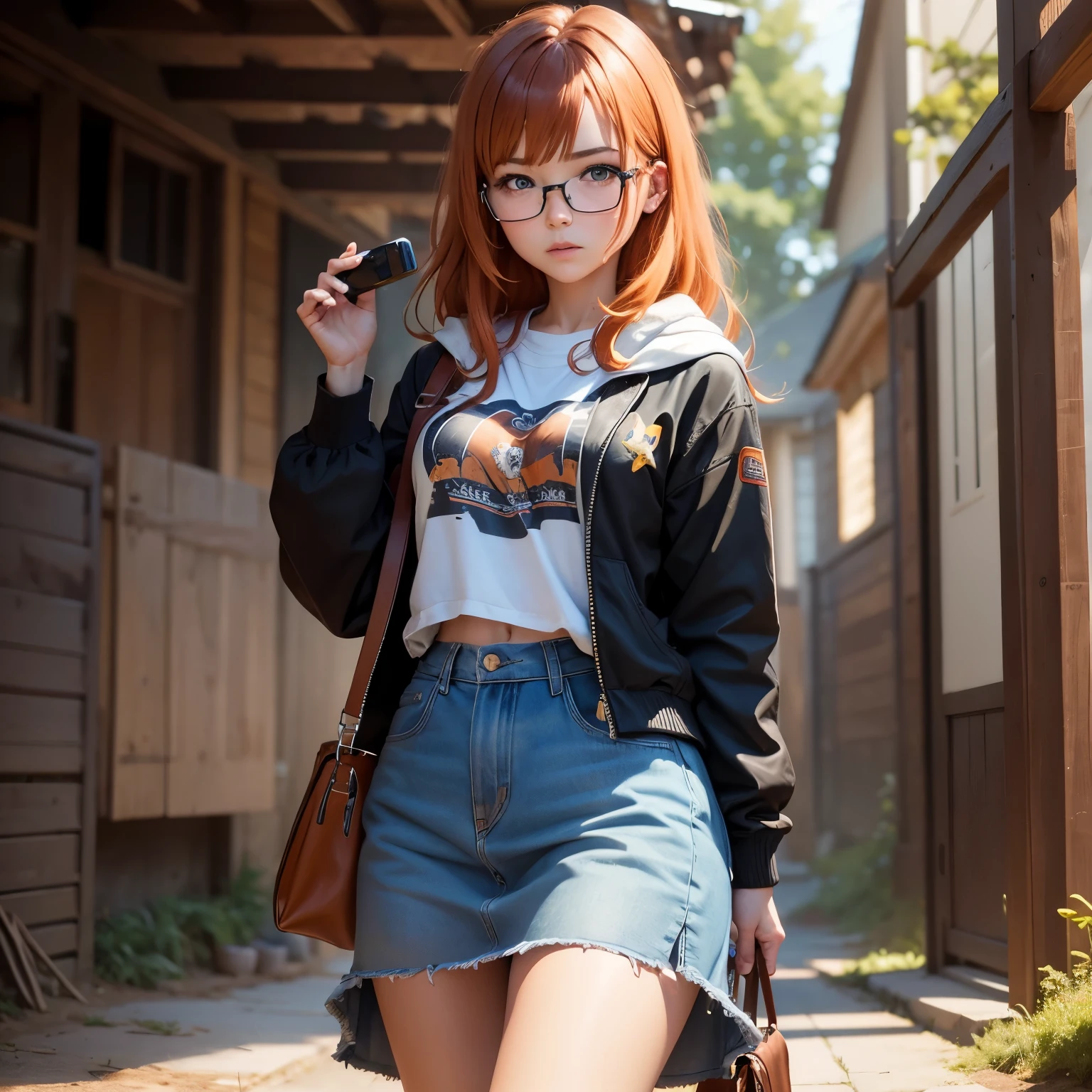 8k, masterpiece, best quality, realistic, higly detailed, cowboy shot, 1girl, solo, Itsuki Nakano, serious looking girl, medium-length hair, expressive ahoge, reddish-orange hair colour, a pair of star-shaped hairpins near both of her eyes, dark blue eyes, average height, well-endowed figure, wears glasses, cute, Life is Strange