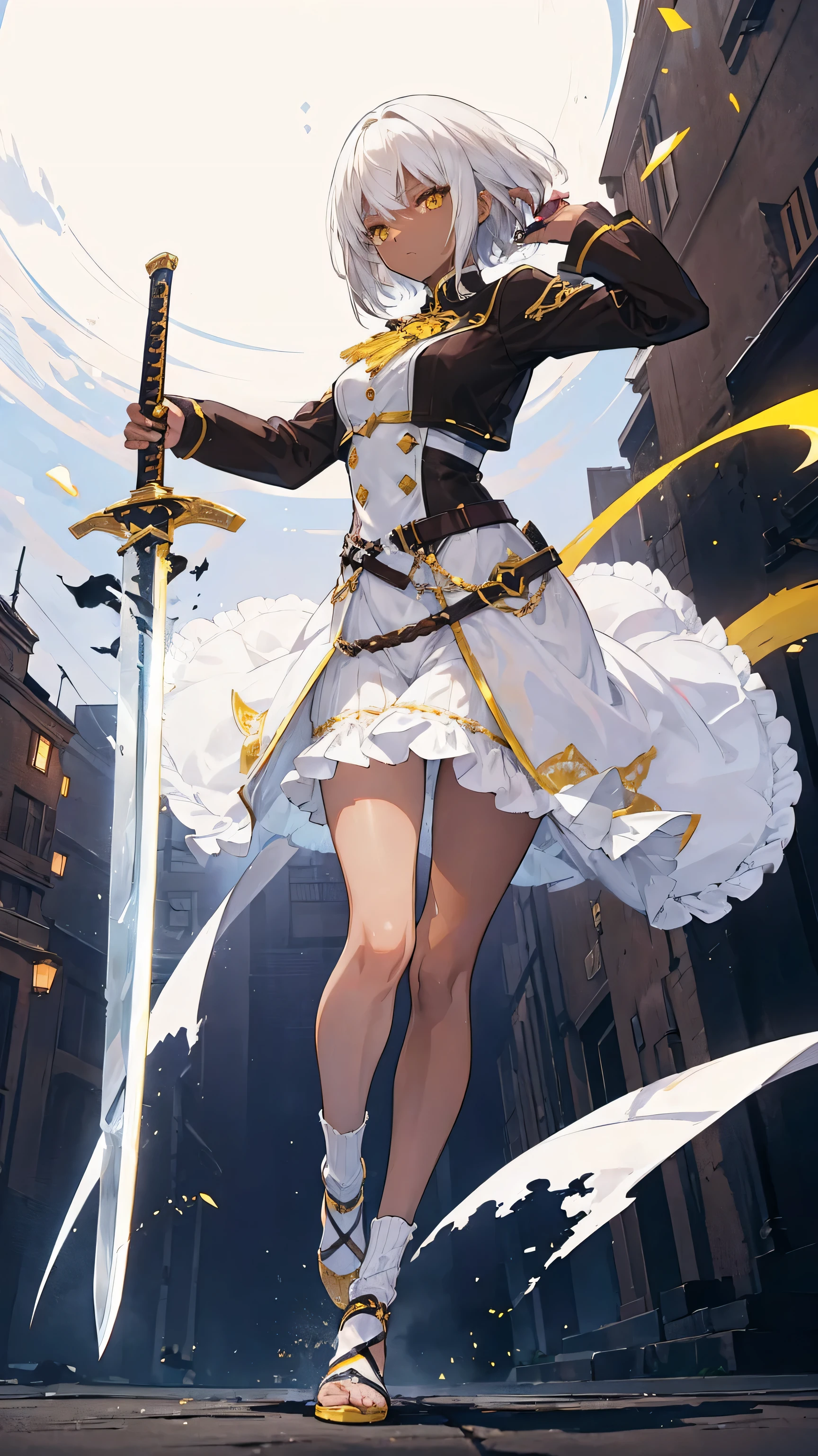(((dark brown skin))), Yellow eye color, gray hair color, short hairstyle, ((Gal outfit)), 40 year old female, anime character, ((movement)), (whole body), ((sword skills))