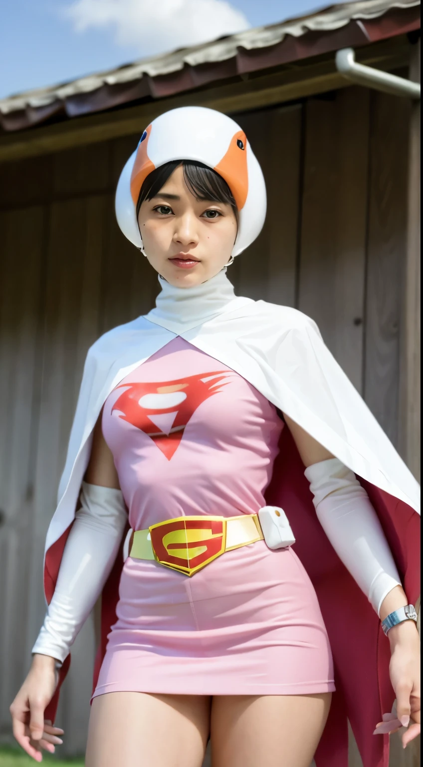 Highest image quality、real image、18-year-old美少女、beautiful woman、beautiful sister、A woman wearing a pink dress and cloak is standing in front of a building, 18-year-oldの女の子,Jun the Swan、science ninja、beautiful woman、 As a retro-futuristic heroine, 18-year-old、As a retro-futuristic heroine, beautiful thighs、sheila, she - ra, anime female hero portrait, Portrait of a modern dharna, anime visual of super girl, super girl, official art, Dinah Drake, hironaka, blowjob white mecha