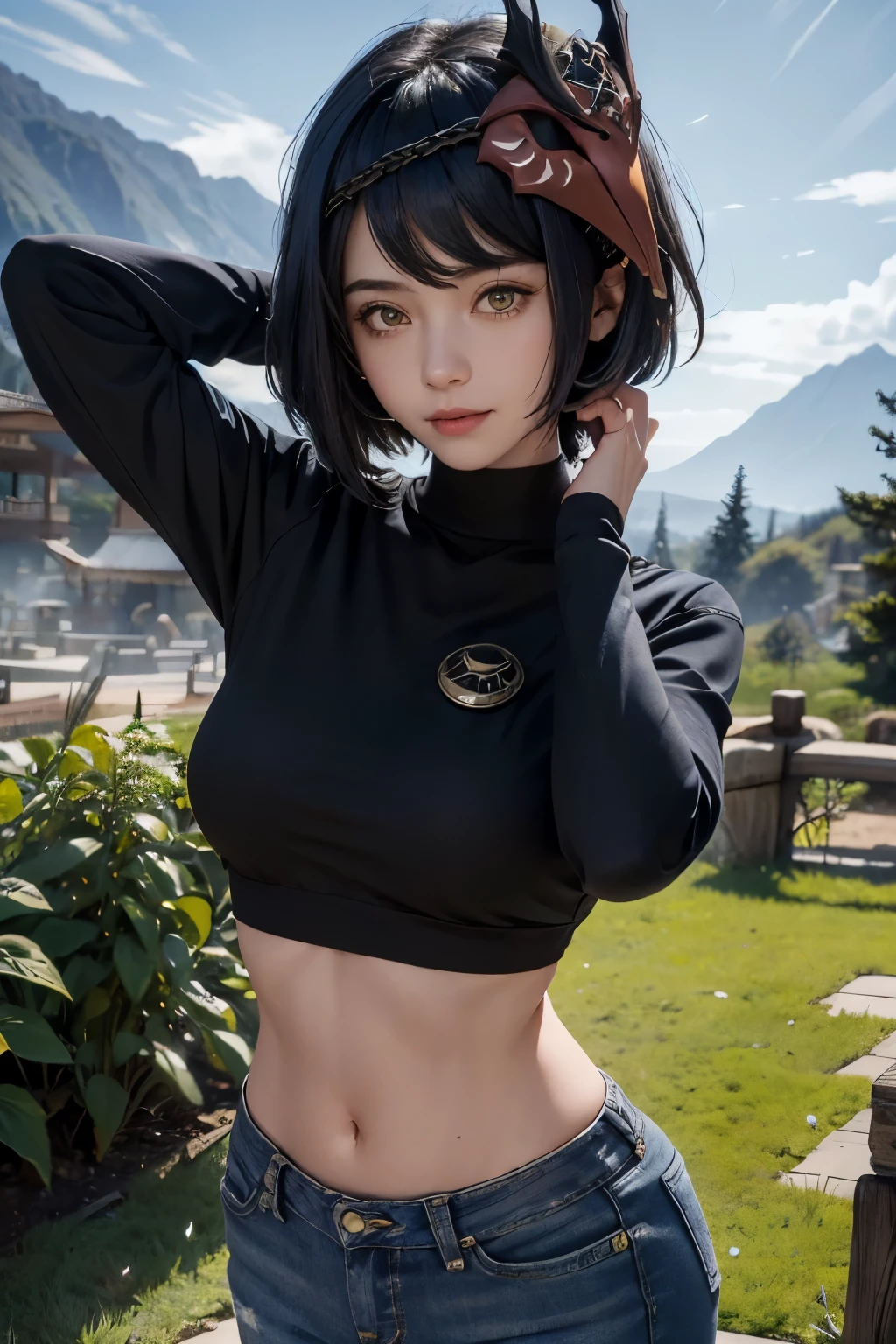 long sleeved hoodie, long jeans, belt ((midriff, navel)), looking at viewer, garden, mountains, smile, ((cinematic lighting, masterpiece, anatomically correct, detailed textured skin, high details, highres, HD, 4K, 8k)), (kujou sara:1.3), (mask on head, blue hair, short hair, yellow eyes)