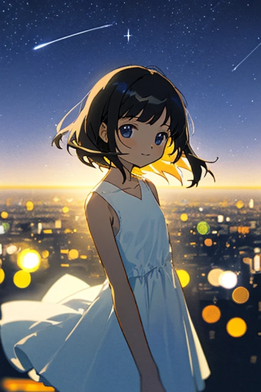 1 👧➕🙂, upper body, Eye's➕🌌, looking at viewer, Fine and straight hair, The background can be seen between the fine hair, thin line, collarbone, Plain white dress, sleeveless, Simple clothes without decoration, Delicately detailed and delicately drawn, Roughly drawn lines, Roughly painted colors, (🌃:1.2), Roughly simplified and drawn background, Bokeh, Blurred Backgrounds, depth of field, Aerial perspective,