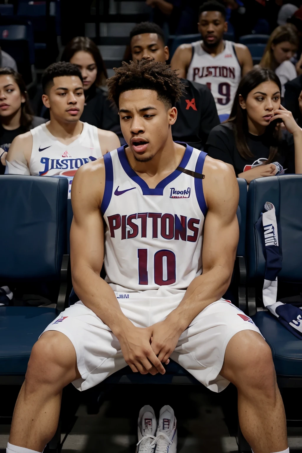 Cade Cunningham from the NBA team Detroit Pistons, crying on the bench