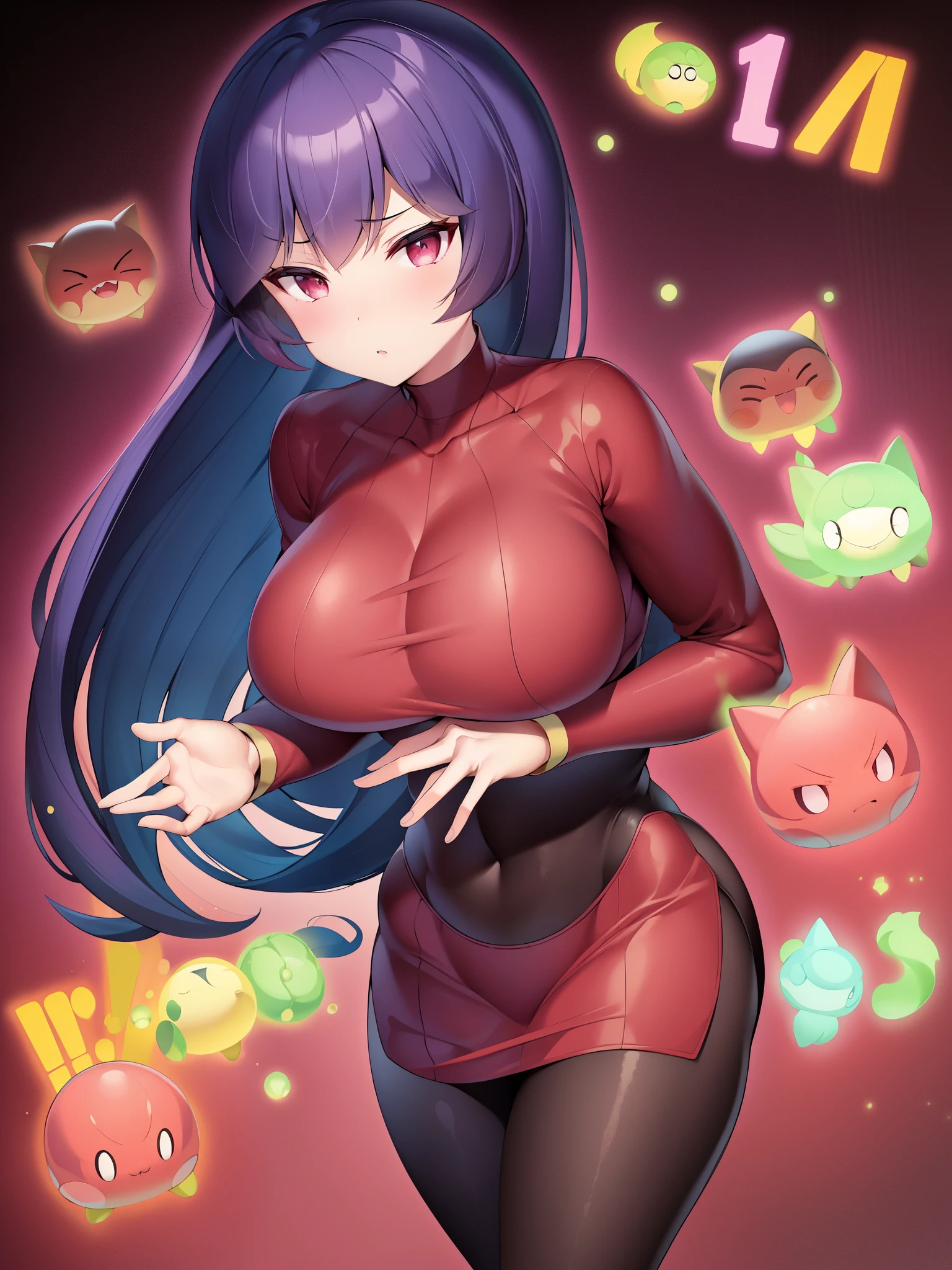 (masterpiece、highest quality: 1.2)、Pokémon、Jujube、big tits milf、big tits milf、big tits milf、Yamabuki City Gym Leader、エスパータイプPokémonの使い手、esper girl、superpower、Fudin&#39;s psychokinesis、Long straight hair with bangs and black hair solo、sabrina、Pokémon、long hair、purple hair、dull bangs、red eyes、red sweater dress、(white gloves: 1.2)、Black sash、(black leggings: 1.1)、 (body suit:1.1)、pantyhose、big breasts、knee boots、simple background