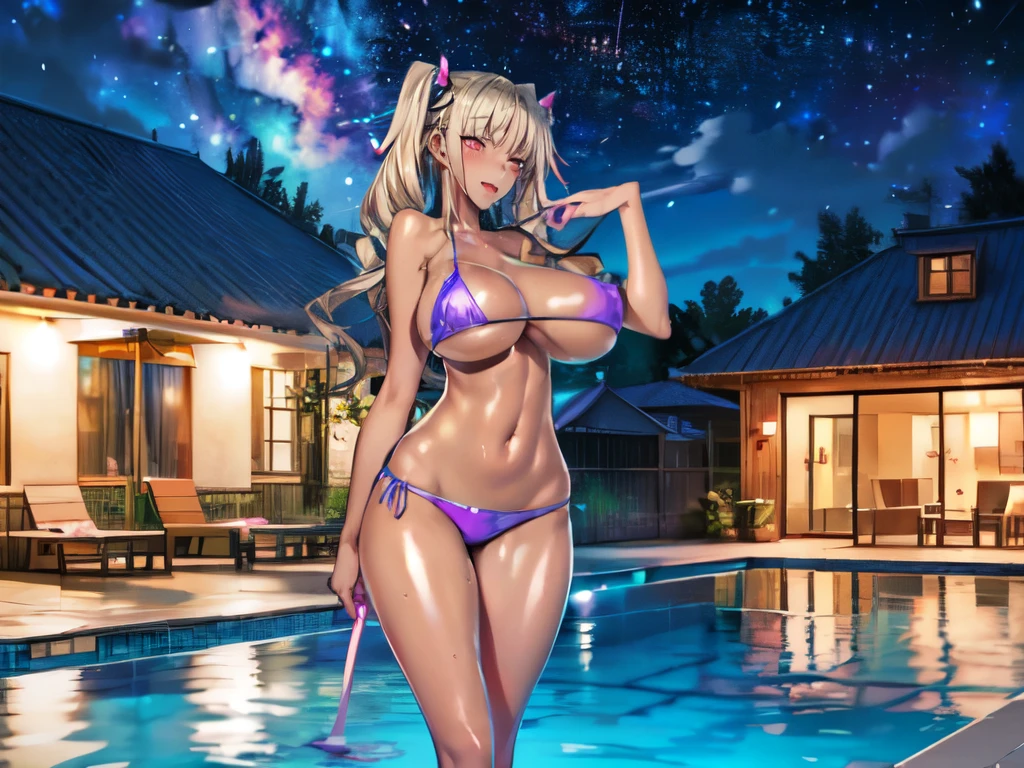 (masterpiece), highest quality, (colorful:1.1), (5 girls, Group photo shoot:1.4), (because I&#39;thin:1.1), (Huge:1.5), (dark skinned:1.1), (underboob:1.1), blonde, silver haired, twin tails, attractive appearance, former, (formerかがみ:1.4), (open your mouth, Vulgarity:1.1), (wink:1.2), sign of peace, (Swimsuits in random colors, micro bikini:1.1), cowboy shot, night pool、Starry sky full of stars、A pool illuminated by pink and light blue fluorescent neon lights、Lying by the pool、Sexy Poses