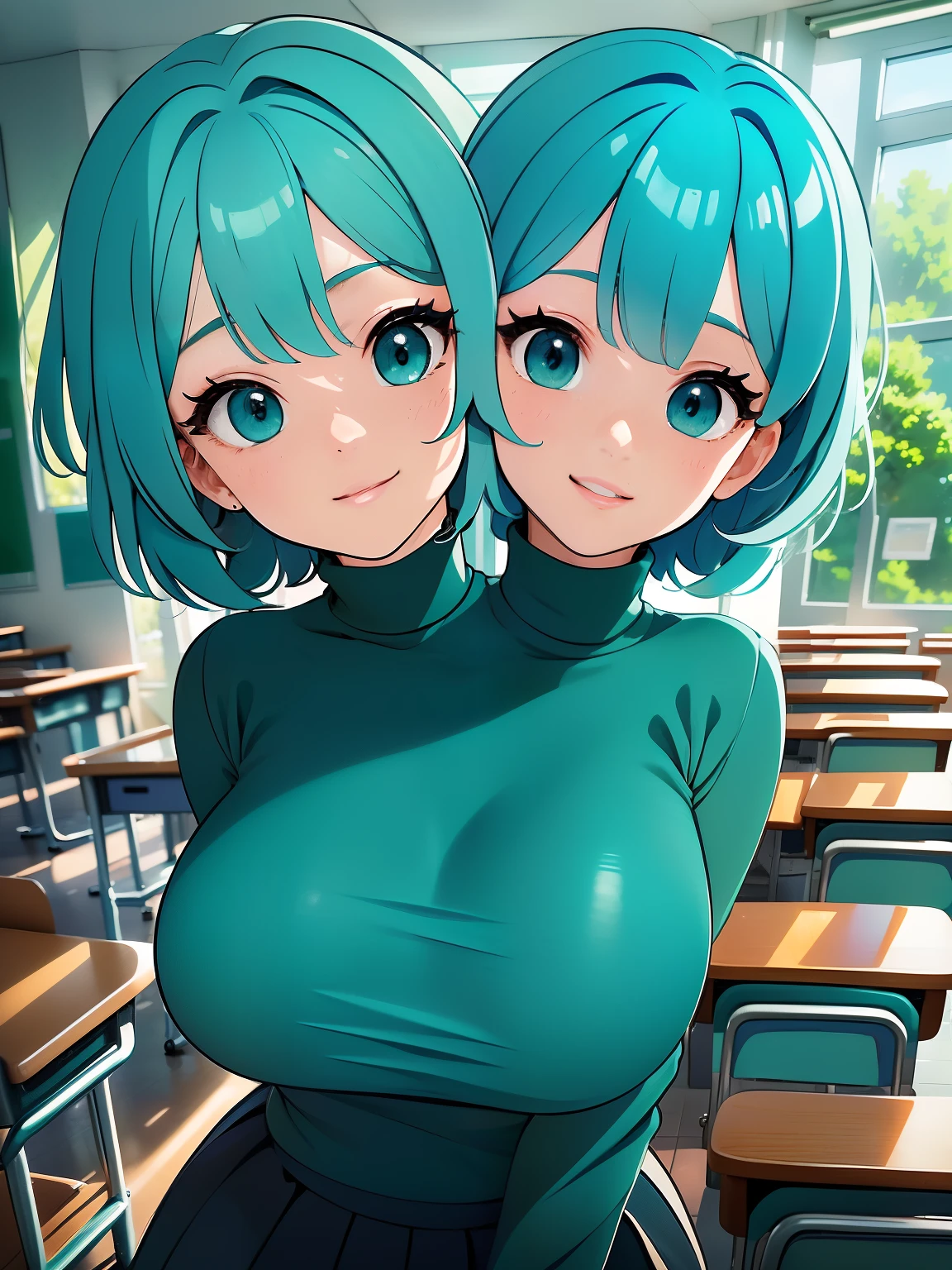 (masterpiece),(ultra-detailed), (high quality), (high resolution), (best quality:1.5, highres, UHD), highres, absurdo, ultra detail, ultra quality, Ultra resolution, 16k, (2heads:1.5), teal hair, turquoise eyes, casual wear, turquoise turtleneck, strong and confident expressions, classroom, smiling