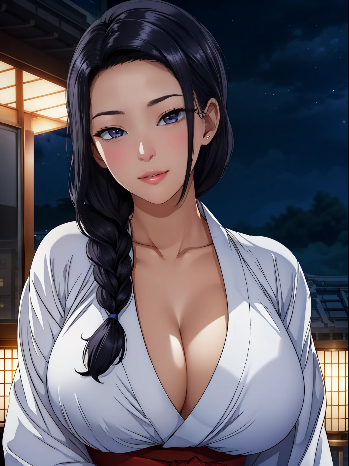 (night:1.7), Japan, Tokyo, City view, in front of the window,
looking at the viewer, (fascinating look:1.2), Happy, 笑face,
(white_kimono:1.3),cleavage,
black_hair, length_hair, hair_pulled_return,Broke up_lips,purple_eye, Braid,
1 girl, 24-years-old,mature woman,beautiful Finger,beautiful length legs,beautiful body,beautiful Nose,beautiful character design, perfect eye, perfect face, perfect fingers, perfect hands, 完璧なchest, perfect body,
looking at the viewer, in the center of the image,
NSFW,official art,highly detailed body, exteremly detailed face, extremely detailed hair, extremely detailed eye, wallpaper, perfect lighting,colorful, bright_front_face_lit,
(masterpiece:1.0),(Highest_quality:1.0), 超High resolution,4k,super detailed,
photograph, 8k, HDR, High resolution, disorganized:1.2, kodak portrait 400, film grain, blurry returnground, Bokeh:1.2, Lens flare, (lively_color:1.2)
(beautiful,big_chest:1.4), (beautiful_face:1.5),(narrow_waist),