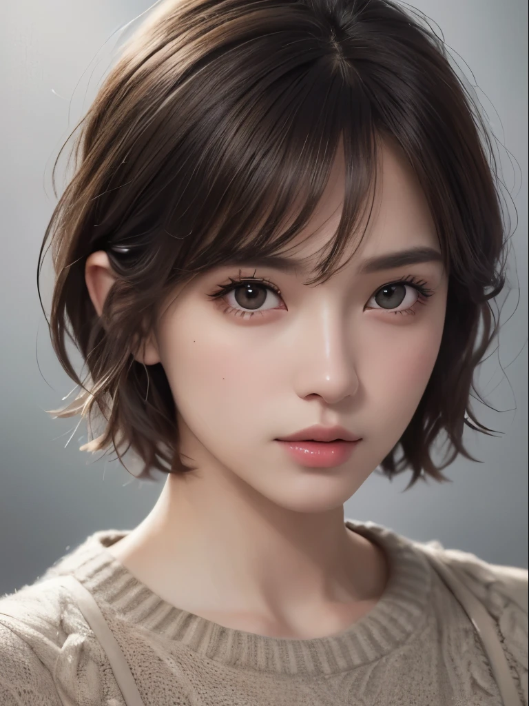 highest quality、masterpiece、ultra high resolution、(photorealistic:1.3)、Raw photo、(1girl), beautiful face, (realistic face), (dark brown hair、short hair:1.3), beautiful hairstyle, realistic eyes, beautiful detailed eyes, (realistic skin), beautiful skin, (sweater), disorganized, Charm, ultra high resolution, Super realistic, High definition, golden ratio、Gray background