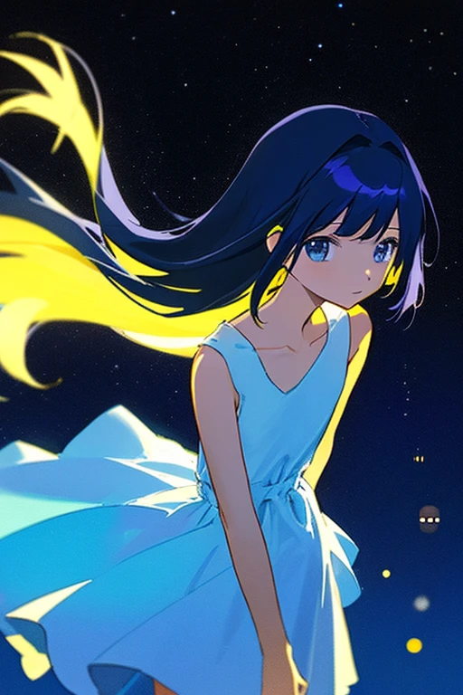 1 👧➕🙂, upper body, Eye's➕🌌, looking at viewer, Fine and straight hair, The background can be seen between the fine hair, thin line, collarbone, Plain white dress, sleeveless, Simple clothes without decoration, Delicately detailed and delicately drawn, Roughly drawn lines, Roughly painted colors, (🌃:1.2), Roughly simplified and drawn background, Bokeh, Blurred Backgrounds, depth of field, Aerial perspective,