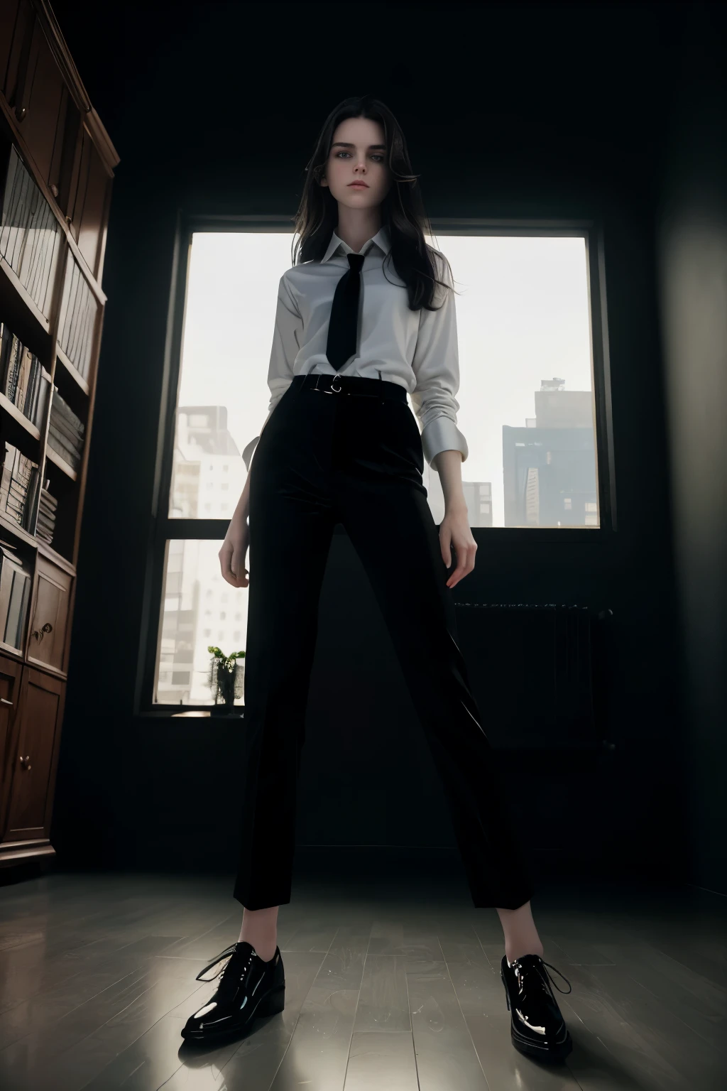 masterpiece, best quality, hyperrealistic, cinematic photo, 14 year old girl, pale skin, American amazing slim body, ((White Female shirt with tie)), black velvet trousers, black shoes, long brown hair, holding a candle, perfect slender legs, wide hips, perfect hands, beautiful face, perfect face, youthful, (blured background), modern style, from below, (low-angle shoot), low_angle_human, towering, (full body shot), standing, underneath shot, (view viewer), looking at viewer,(8k, epic composition, photorealistic, sharp focus), detailed background, dark library full of webs, a tentacle is lurking at bottom, DSLR, foil grain, backlight