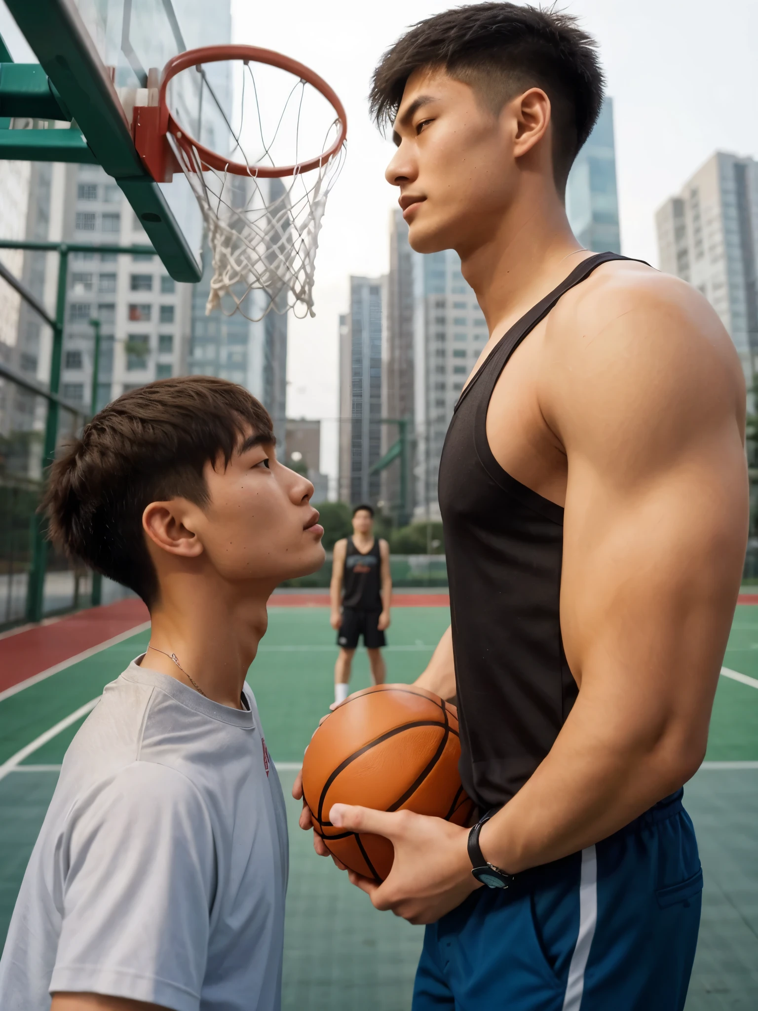 extremely tall young chinese-looking guy, handsome, athletic, low tapercut, jawline, playing basketball with short guys