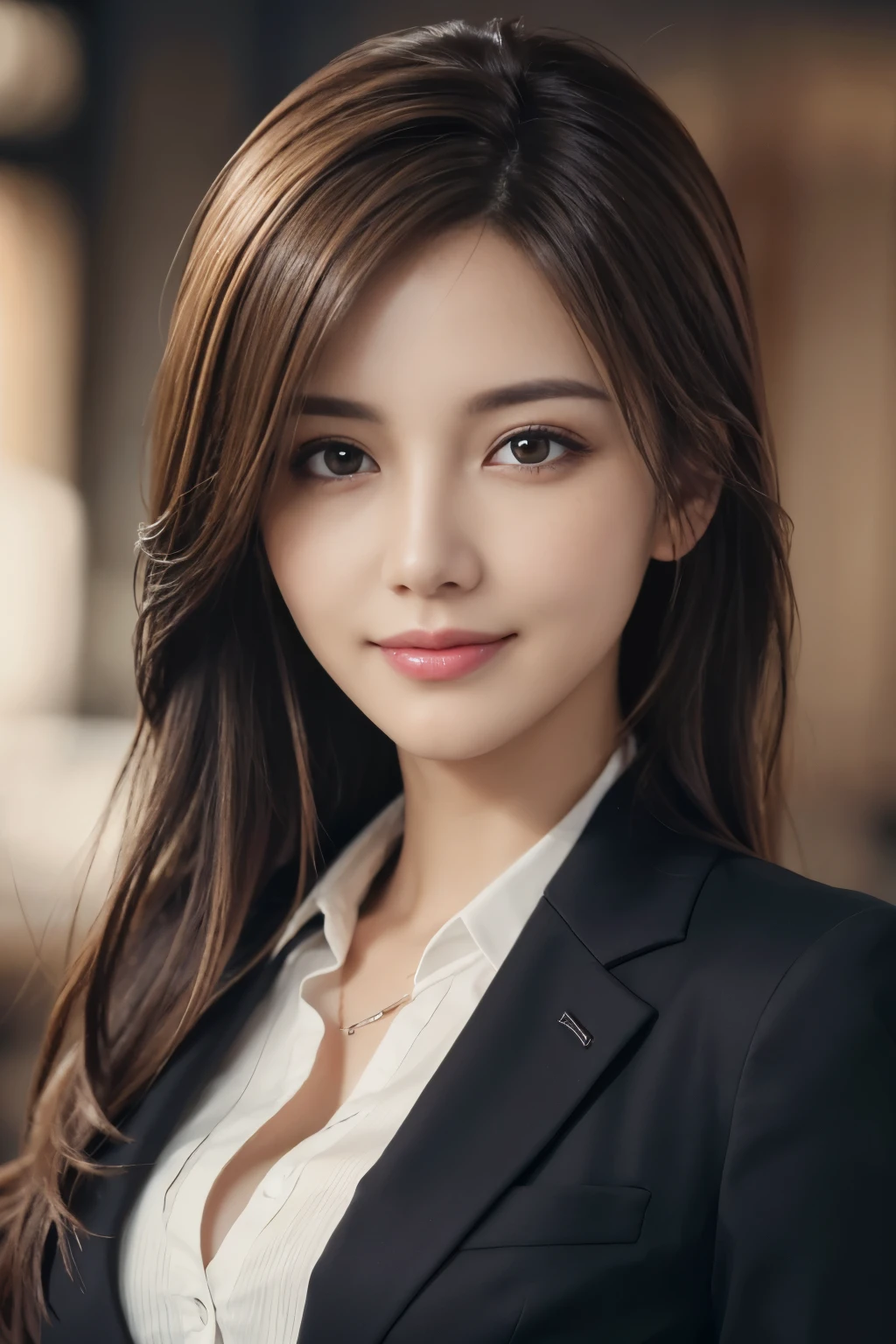 table top, highest quality, realistic, Super detailed, finely, High resolution, 8k wallpaper, 1 beautiful woman,, light brown messy hair, wearing a business suit, sharp focus, perfect dynamic composition, beautiful and detailed eyes, thin hair, Detailed realistic skin texture, smile, close-up portrait, model body shape