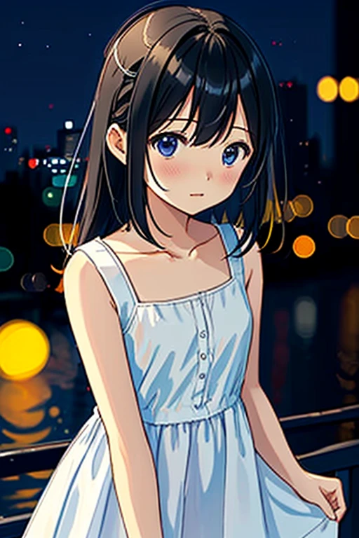 1 👧➕🙂, upper body, Eye's➕🌌, looking at viewer, Fine and straight hair, The background can be seen between the fine hair, thin line, collarbone, Plain white dress, sleeveless, Simple clothes without decoration, Delicately detailed and delicately drawn, Roughly drawn lines, Roughly painted colors, (🌃:1.2), Roughly simplified and drawn background, Bokeh, Blurred Backgrounds, depth of field, Aerial perspective,