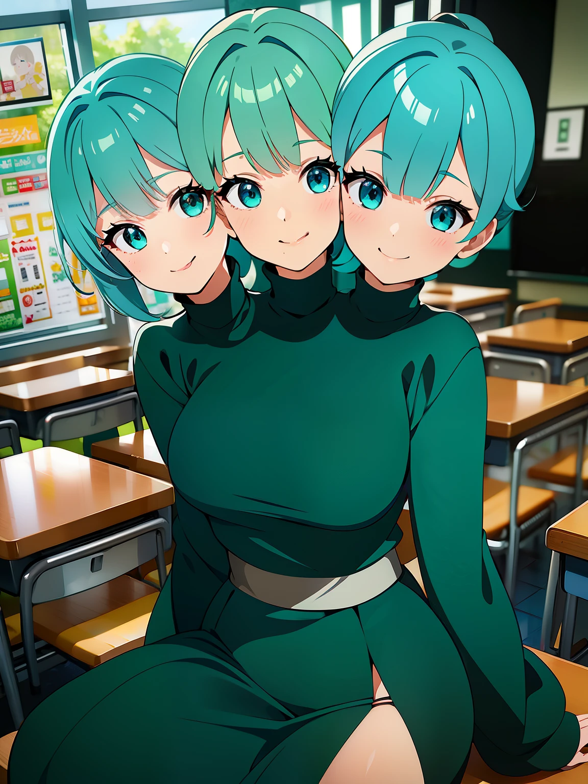 (masterpiece),(ultra-detailed), (high quality), (high resolution), (best quality:1.5, highres, UHD), highres, absurdo, ultra detail, ultra quality, Ultra resolution, 16k, (2heads:1.5), teal hair, turquoise eyes, casual wear, turquoise turtleneck, strong and confident expressions, (()), smiling, full body, sticking out tongue
