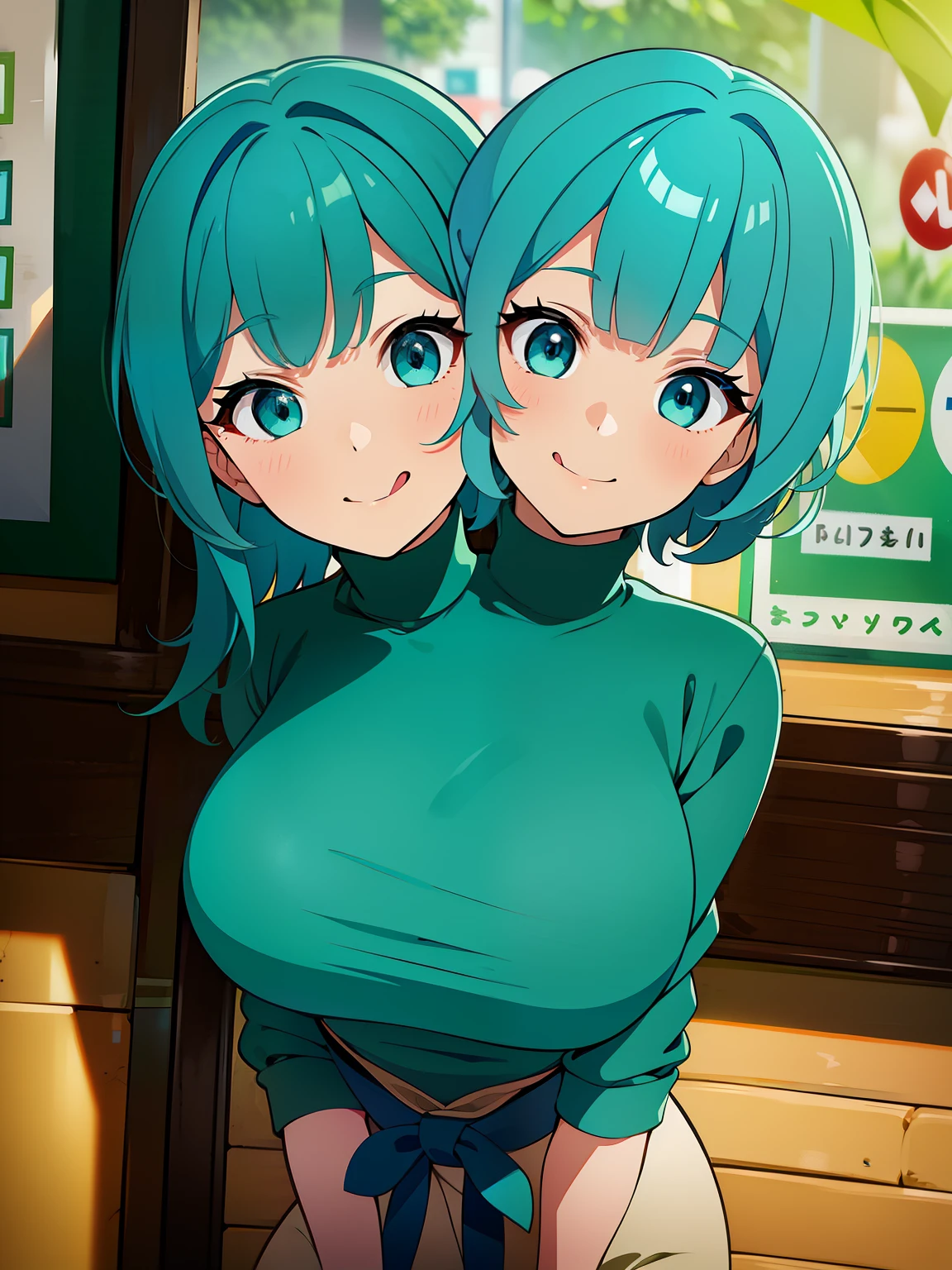 (masterpiece),(ultra-detailed), (high quality), (high resolution), (best quality:1.5, highres, UHD), highres, absurdo, ultra detail, ultra quality, Ultra resolution, 16k, (2heads:1.5), teal hair, turquoise eyes, casual wear, turquoise turtleneck, strong and confident expressions, ((kindergarten)), smiling, full body, sticking out tongue 