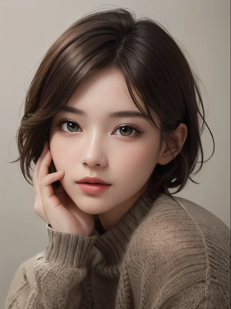 highest quality、masterpiece、ultra high resolution、(photorealistic:1.3)、Raw photo、(1girl), beautiful face, (realistic face), (dark brown hair、short hair:1.3), beautiful hairstyle, realistic eyes, beautiful detailed eyes, (realistic skin), beautiful skin, (sweater), disorganized, Charm, ultra high resolution, Super realistic, High definition, golden ratio、Gray background