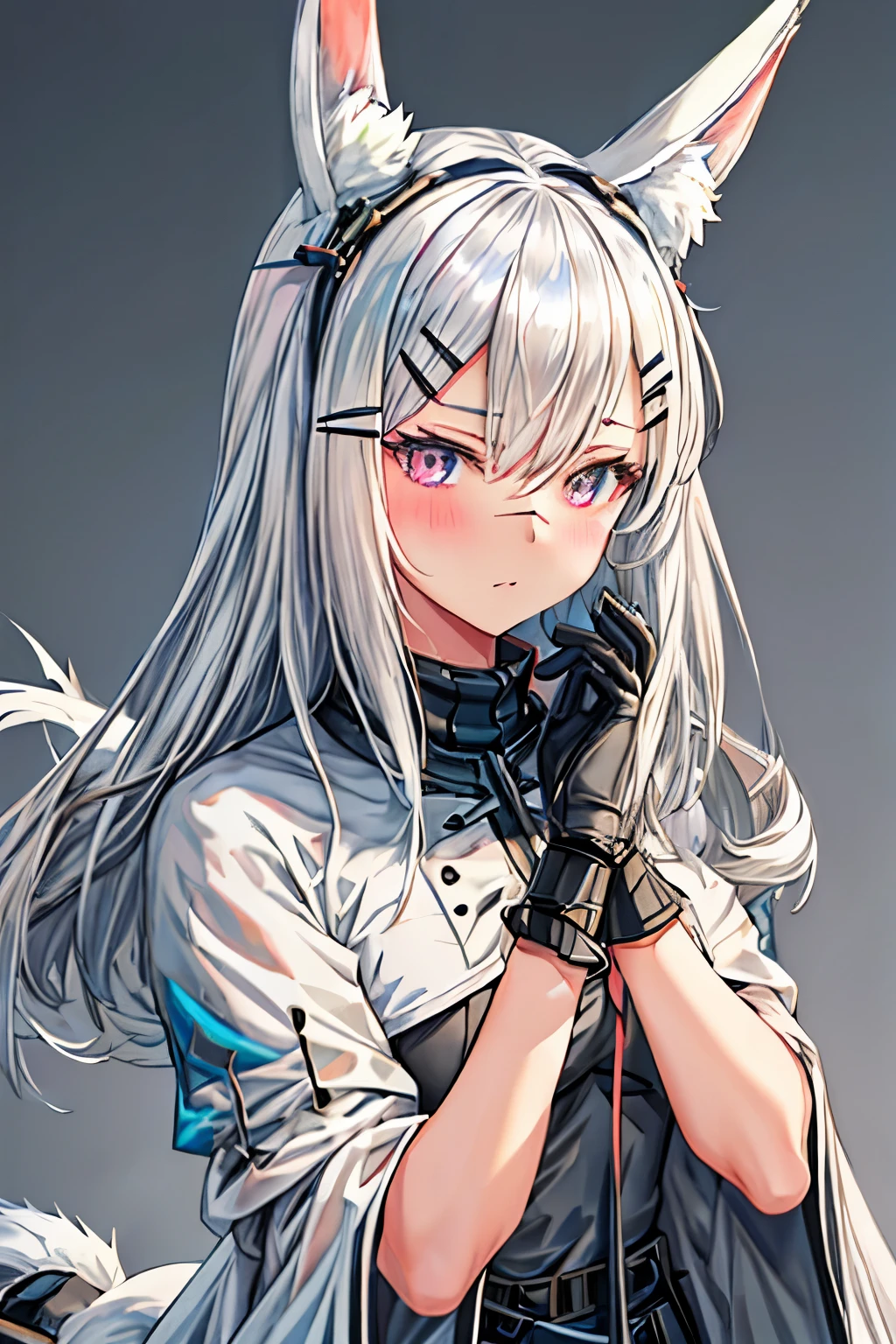 highest quality, masterpiece, High resolution, 一人in, {frost nova_arknights:1.15}, animal_ears, Rabbit_ears, hair_ornament, hairclip, scar, lupong_hair, scar_upon_face, scar_upon_nose, hair_that&#39;s all_upone_eye, gray_eyes, gray_hair, white_hair, upper_body, 1 girl, looking for_in_viewer, simple_background, white_background, blush, animal_ear_fluff, closed_mouth, portrait.Completely naked