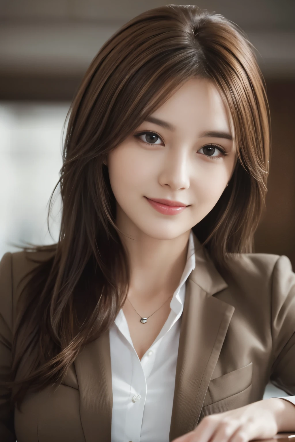 table top, highest quality, realistic, Super detailed, finely, High resolution, 8k wallpaper, 1 beautiful woman,, light brown messy hair, wearing a business suit, sharp focus, perfect dynamic composition, beautiful and detailed eyes, thin hair, Detailed realistic skin texture, smile, close-up portrait, model body shape