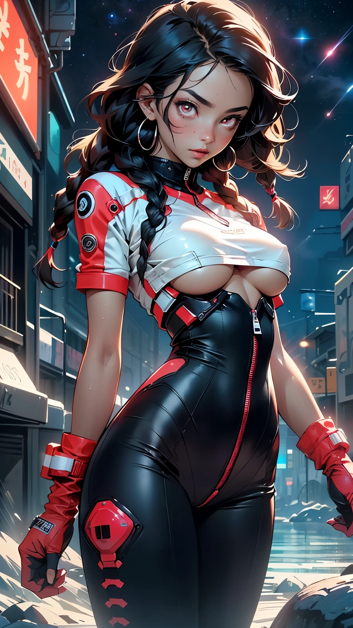 girl spacepunk,(((1girl))),((beautiful girl with spacesuit)),
(large breasts:1.4),saggy breasts,((((long twin braids,tight braids,long braid,braided hair,long hime cut,dark hair,black hair,colored inner hair)))),(((red_eyes:1.3))),intricate eyes,beautiful detailed eyes,symmetrical eyes,((fat)),(((lustrous skin:1.5,bright skin: 1.5,skin tanned,shiny skin,very shiny skin,shiny body,plastic glitter skin,exaggerated shiny skin,illuminated skin,wet legs))),(spider lower abdomen,narrow waist,wide hip,athletic body,inflated legs, thick thighs,detailed body,(detailed face)),
cute,slutty,seductive,erotic,(((nsfw))),
revealing clothing,show skin,((underboob:1.5)),(cleavage),((space suit outfit, red space suit,short sleeve spacesuit)),(wearing a space suit outfit:1.3,space suit clothes),((zipper suit, zipper slightly unzipped))),((wet clothes,intricate outfit,intricate clothes)),
(dynamic pose:1.0),solo focus,embarrassed,(centered,scale to fit dimensions,Rule of thirds),
cyberpunk city by the ocean at night, with bright neon signs and dark stormy clouds and puddles, scenery:1.25,nighttime, starry night, cosmos,Very dark night that makes the neon lights stand out, very bright neon lights,nighttime, starry night, cosmos,
artistic photography,(photography taken by sldr),highres, sharp focus,(ultra detailed, extremely detailed), (photorealistic artwork:1.37),(extremely detailed CG unity 8k wallpaper),((synthwave background theme)),(((vibrant colors))),intricate,(intricate background),(masterpiece),(best quality),perfect rendered face,perfect face details,realistic face,photo realistic,analog style,((intricate detail)),(((realism)))