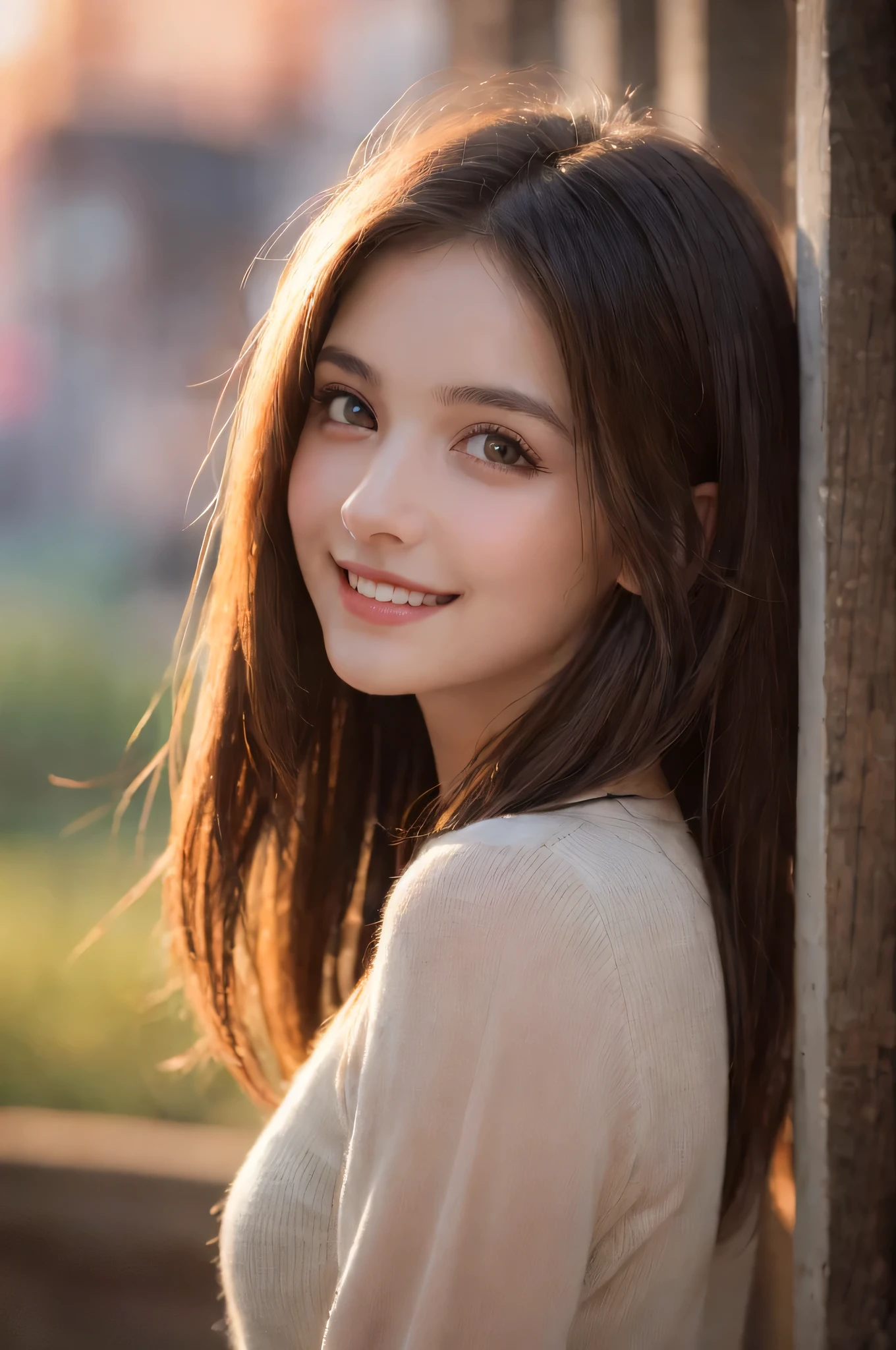 (best quality), (ultra-detailed), (llustration), (detailed light), (an extremely delicate and beautiful), 1young girl, long hair, brown eyes, (smile slightly, Innocent and cute expression), model, Enchanting, Sublime, Ethereal, fantastic, extremely detailed CG unified 8k wallpaper, High-definition raw color photos, professional photography, (Bokeh), twilight, Golden hour, Backlighting, depth of fields,