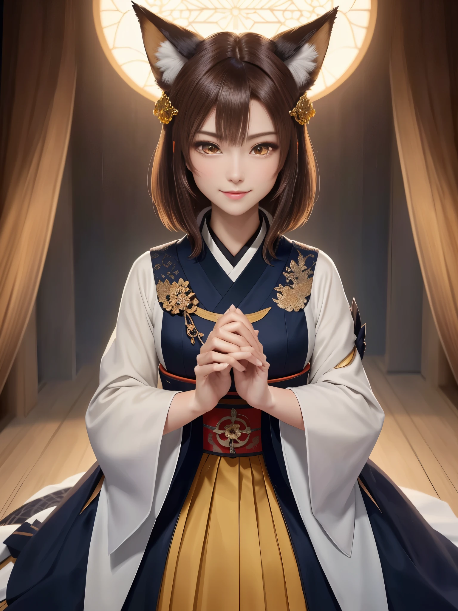 masterpiece , best quality,close up of face,smile,the whole body is facing forward,bright brown hair,brown eyes,sharp contrast,short hair,美しいフォルムのshort hair,just one person,precision quality,, masterpiece, japanese architectureの背景,beautiful details, colorful, delicate details, delicate lips, intricate details, genuine, ultrargenuineista, 枝に座っている色とりどりの髪のFoxを持つ女の子:Mature, bright eyes, ,色とりどりのFox, raposa de nine tails, 三尾Fox, 三尾Fox, onmyoji detail art, beautiful fine art illustration, mythical creatures, Fox, beautiful digital art,shrine maiden,japanese architecture,hold hands,exquisite digital illustration, mizutsune, Inspired by mythical wild web creatures, pixiv in digital art, shining light, high contrast, Mysterious,