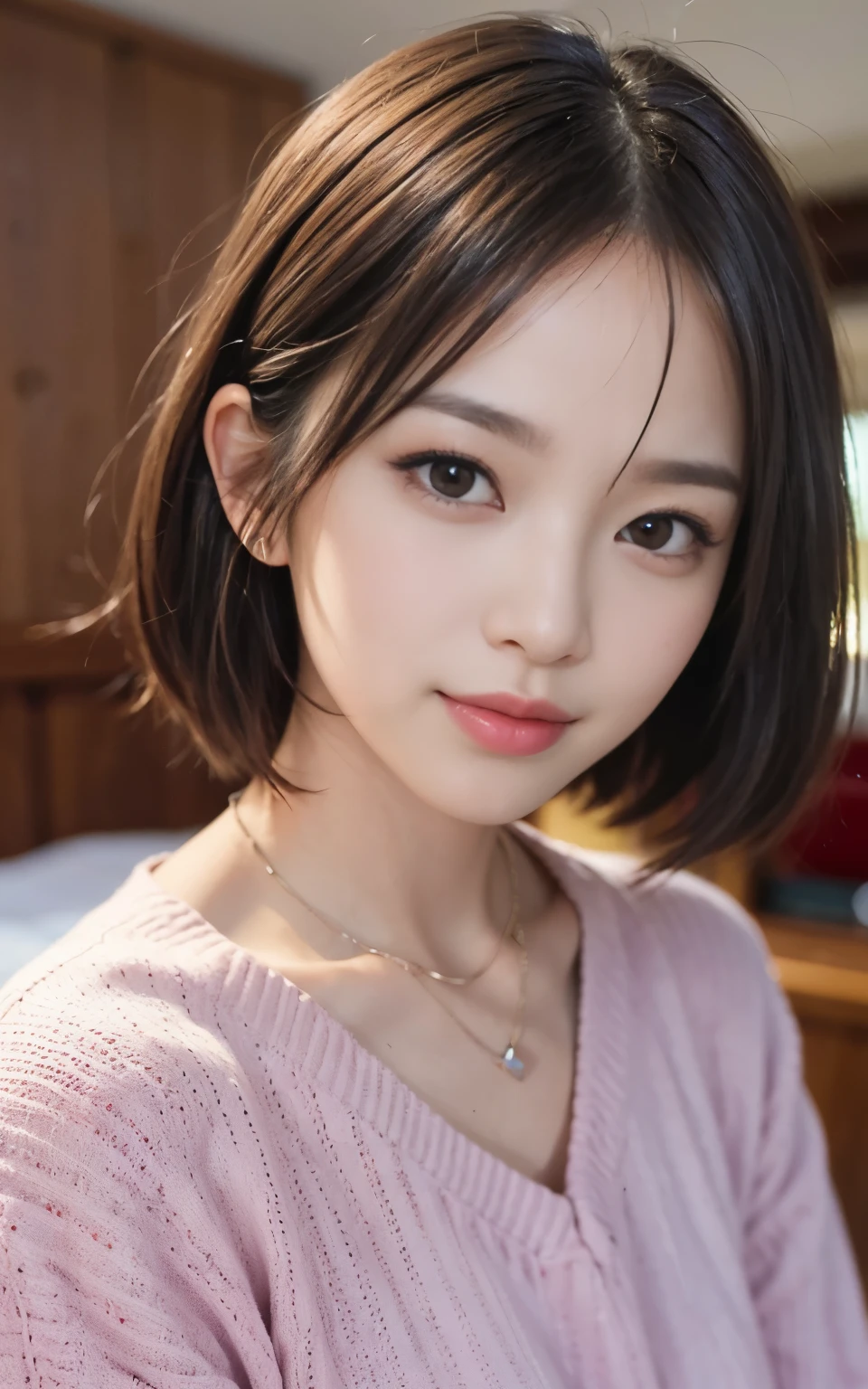 cute japanese 21 years old、Bedroom、pajamas、attention to detail、double eyelid、beautiful thin nose、sharp focus:1.2、Beautiful woman:1.4、(light brown hair、short hair、) 、pure white skin、highest quality、masterpiece、超High resolution、(Photoreal:1.4)、High resolution, professional lighting、nice smile、show the whole body、かわいいpajamas、Chest glimpsed、