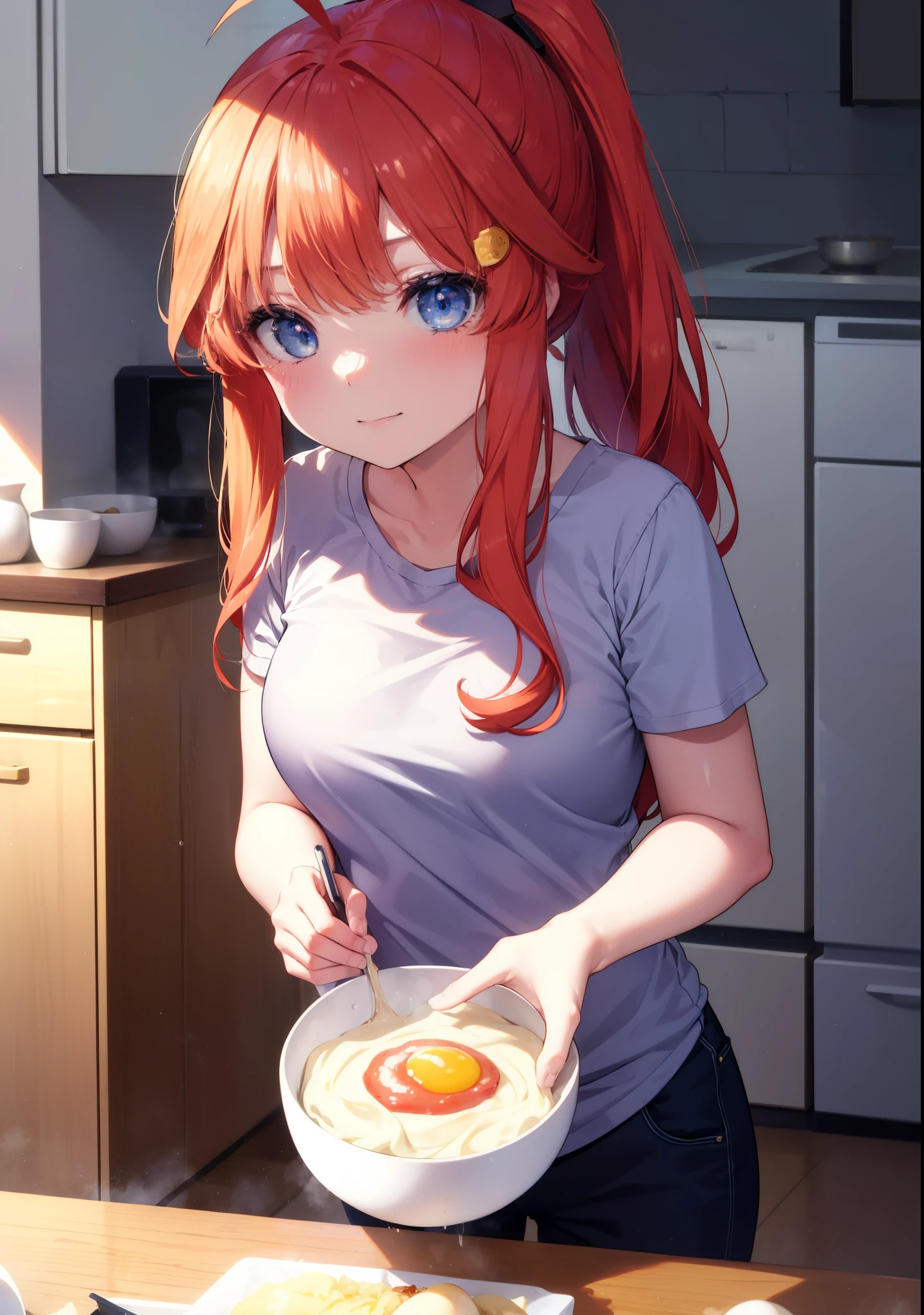 itsukinakano, Itsuki Nakano, bangs, blue eyes, hair between eyes, Ahoge, long hair,ponytail,redhead,blush,smile, T-shirt,shorts,kitchen,kitchenで卵料理を調理する,make eggs in a frying pan,卵焼きと焼けた食パンを皿にのせてテーブルに置いてある
break indoors, kitchen,dining,
break (masterpiece:1.2), highest quality, High resolution, unity 8k wallpaper, (shape:0.8), (fine and beautiful eyes:1.6), highly detailed face, perfect lighting, Very detailed CG, (perfect hands, perfect anatomy),