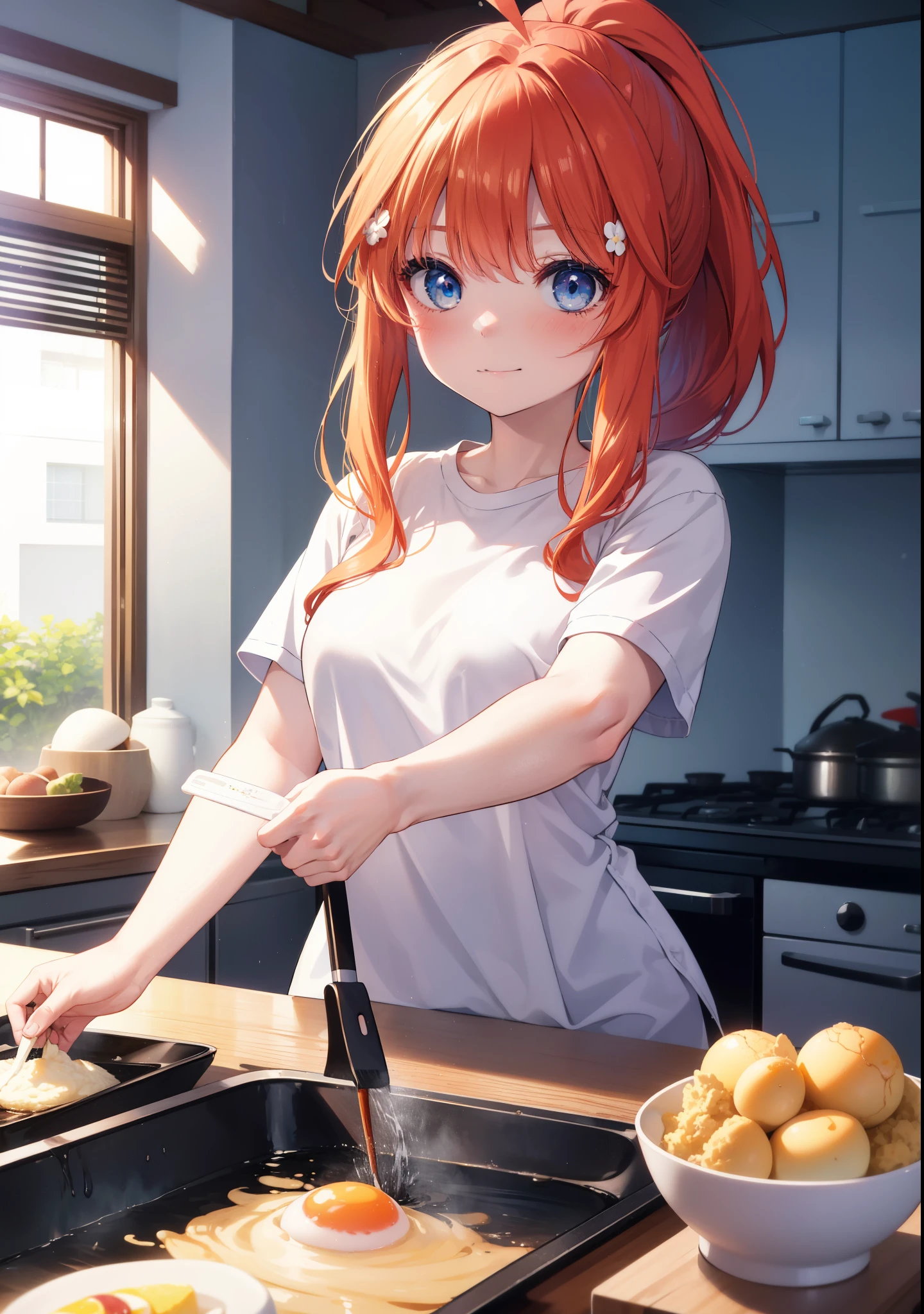 itsukinakano, Itsuki Nakano, bangs, blue eyes, hair between eyes, Ahoge, long hair,ponytail,redhead,blush,smile, T-shirt,shorts,kitchen,kitchenで卵料理を調理する,make eggs in a frying pan,卵焼きと焼けた食パンを皿にのせてテーブルに置いてある
break indoors, kitchen,dining,
break (masterpiece:1.2), highest quality, High resolution, unity 8k wallpaper, (shape:0.8), (fine and beautiful eyes:1.6), highly detailed face, perfect lighting, Very detailed CG, (perfect hands, perfect anatomy),