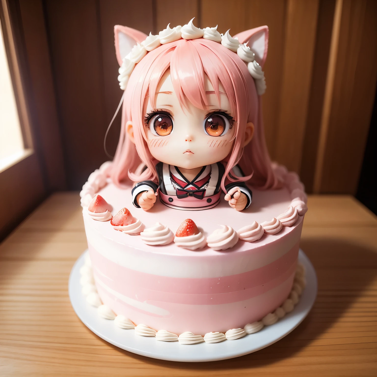 Photoreal、anime character(chibi girl、The lines are thick、Deformed)There is a whole cake with a picture of、strawberry、Whipped cream