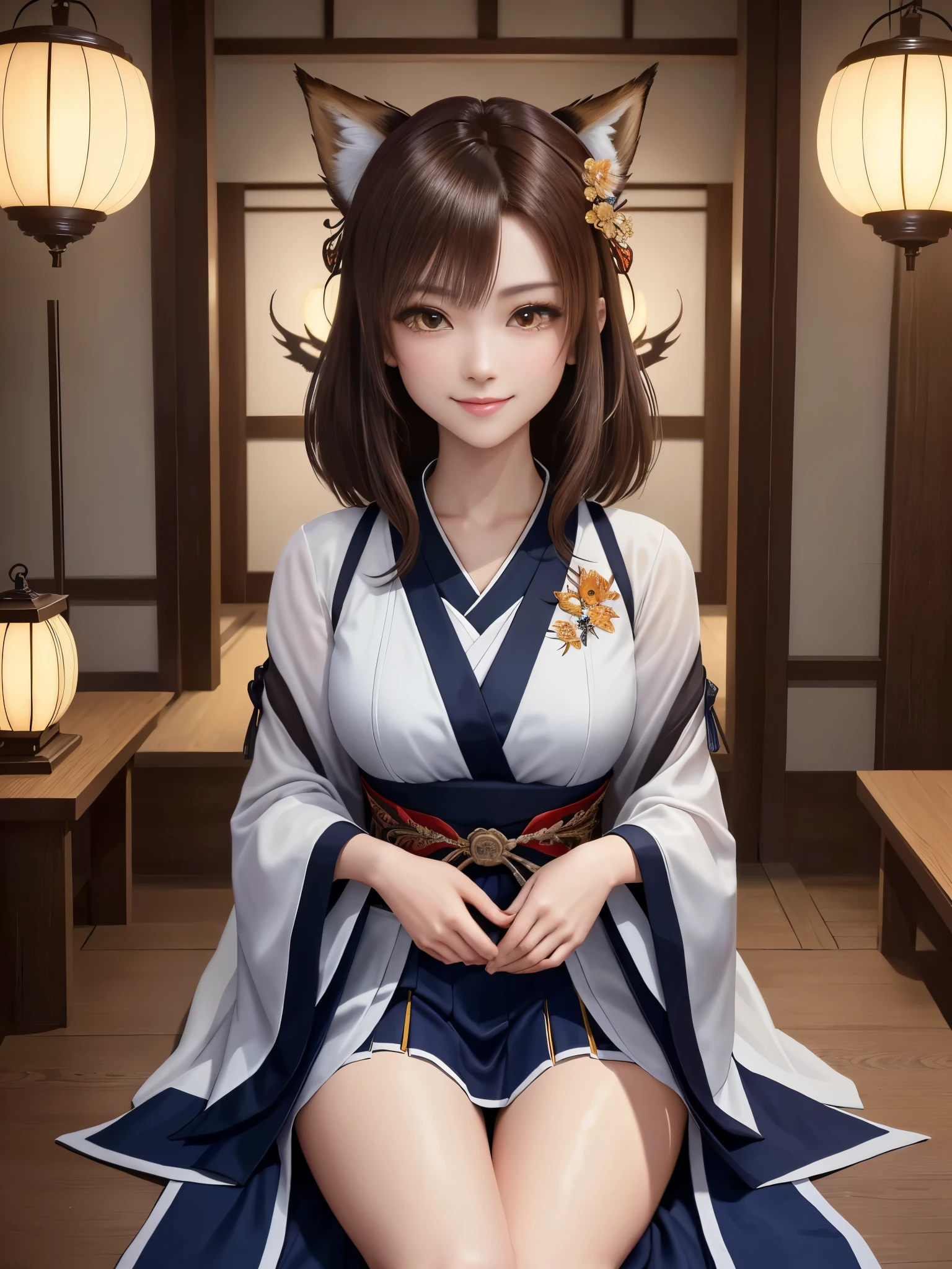 masterpiece , best quality,close up of face,smile,the whole body is facing forward,bright brown hair,brown eyes,sharp contrast,short hair,美しいフォルムのshort hair,just one person,precision quality,, masterpiece, japanese architectureの背景,beautiful details, colorful, delicate details, delicate lips, intricate details, genuine, ultrargenuineista, 枝に座っている色とりどりの髪のFoxを持つ女の子:Mature, bright eyes, ,色とりどりのFox, raposa de nine tails, 三尾Fox, 三尾Fox, onmyoji detail art, beautiful fine art illustration, mythical creatures, Fox, beautiful digital art,shrine maiden,japanese architecture,hold hands,exquisite digital illustration, mizutsune, Inspired by mythical wild web creatures, pixiv in digital art, shining light, high contrast, Mysterious,