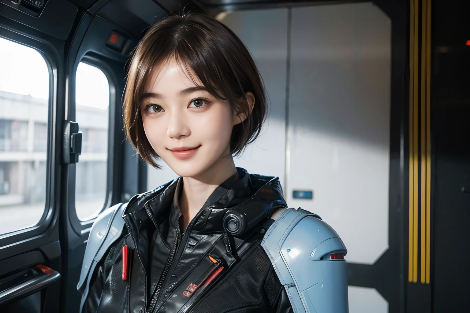 163
Shorthair, (a 20 yo woman, standing), A hyper-realistic, gentle smile, sci-fi cool suit, (口紅), futuristic fighter aircraft