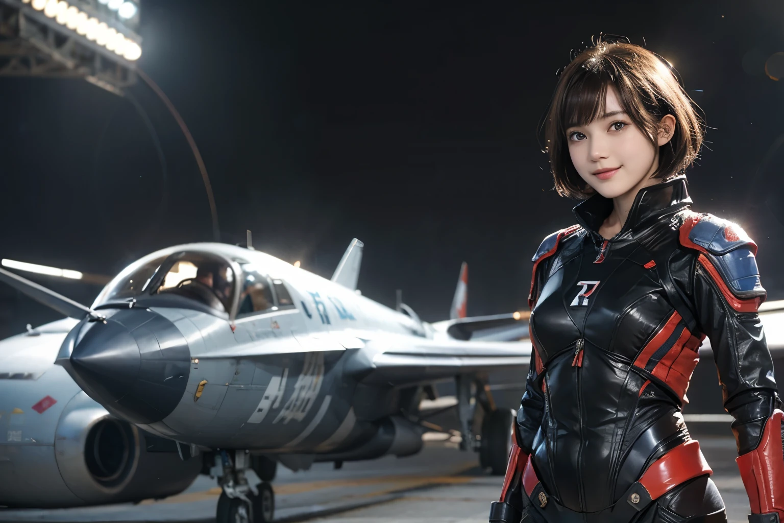 163
Shorthair, (a 20 yo woman, standing), A hyper-realistic, gentle smile, sci-fi cool suit, (口紅), futuristic fighter aircraft