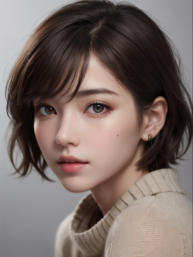 highest quality、masterpiece、ultra high resolution、(photorealistic:1.3)、Raw photo、(1girl), beautiful face, (realistic face), (dark brown hair、short hair:1.3), beautiful hairstyle, realistic eyes, beautiful detailed eyes, (realistic skin), beautiful skin, (sweater), disorganized, Charm, ultra high resolution, Super realistic, High definition, golden ratio、Gray background